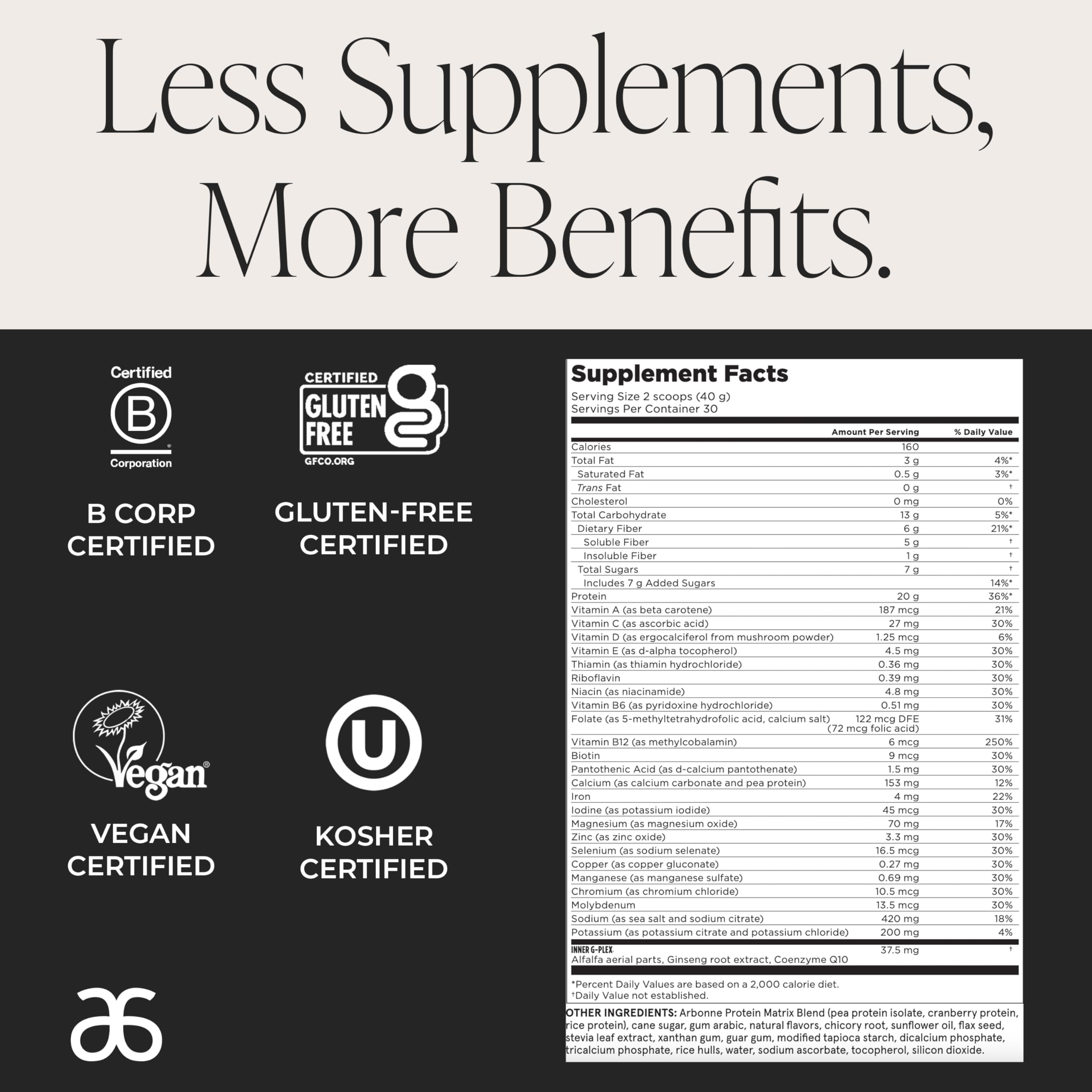 Arbonne Feelfit etiqueta nutricional, información de vitaminas y proteínas