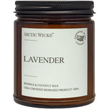 Arctic Wicks vela en frasco ámbar mostrando etiqueta y aspecto natural, aroma duradero