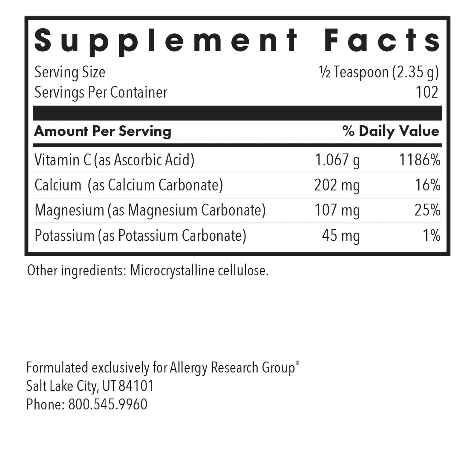 Allergy Research Group cucharada medidora con porción de ARG Buffered Vitamin C Powder lista