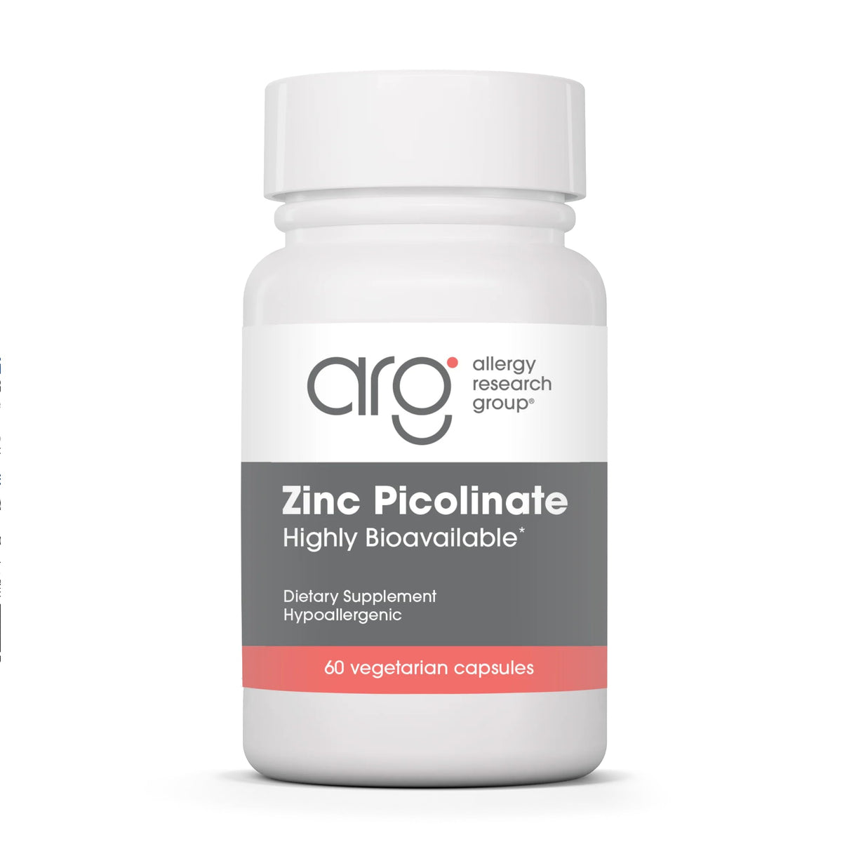 Allergy Research Group frasco delantero mostrando la etiqueta y 25 mg por cápsula