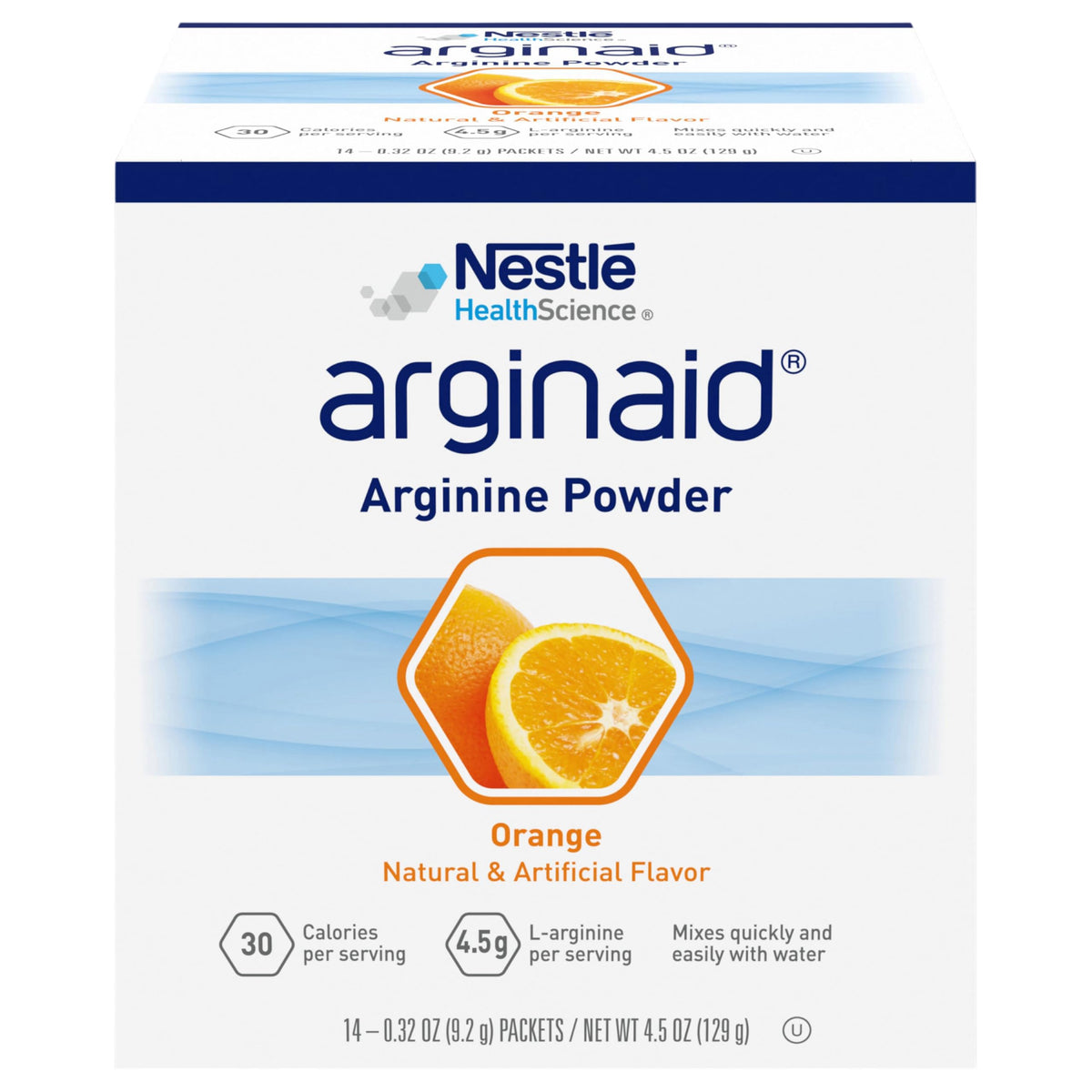 Arginaid frente del paquete naranja mostrando sobres individuales y conveniencia