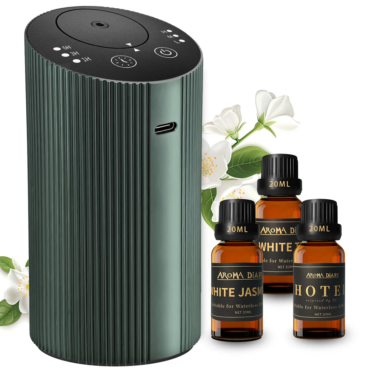 Aroma Diary difusor frontal verde mostrando diseño portátil y elegante