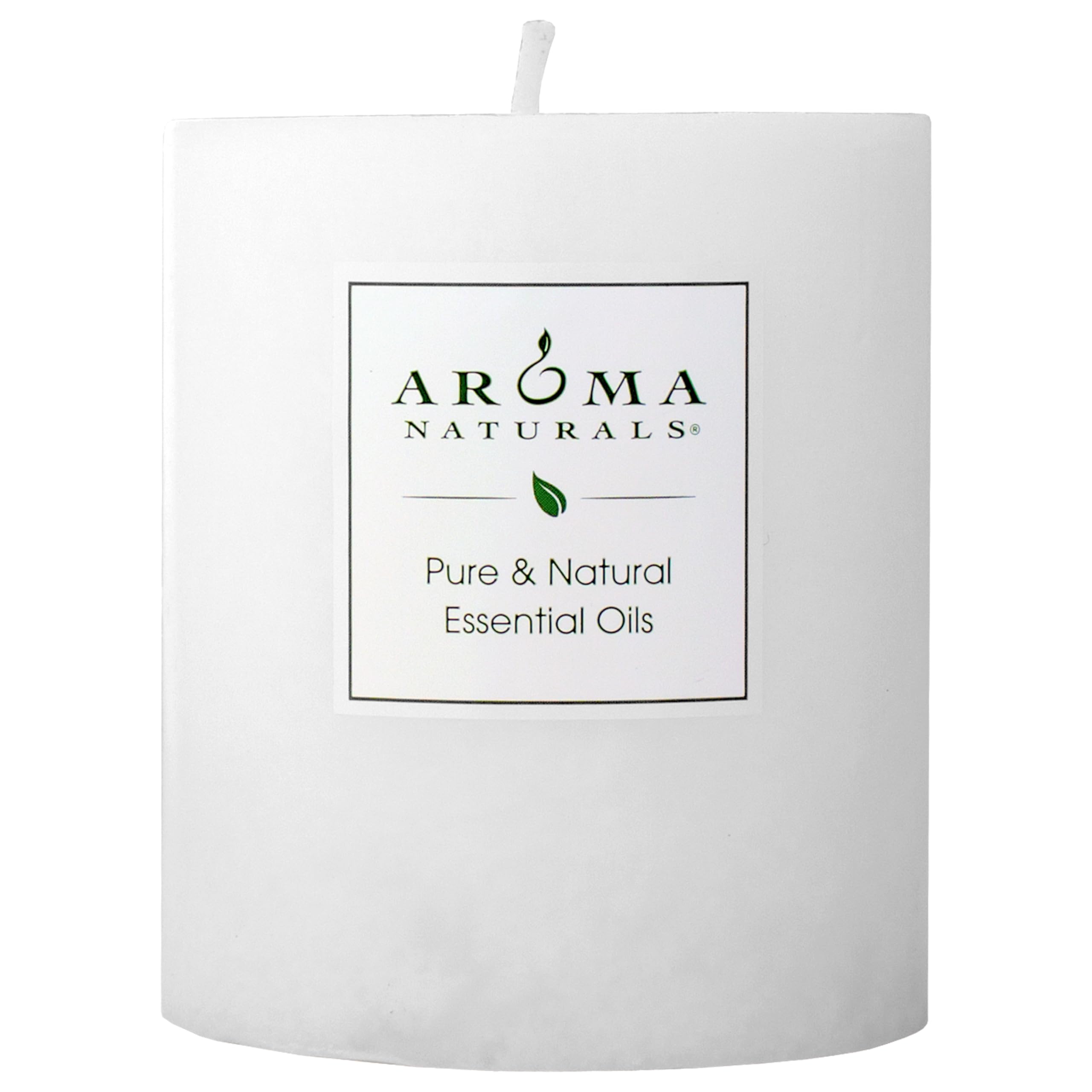 Aroma Naturals vela pilar frontal blanca mostrando diseño y tamaño
