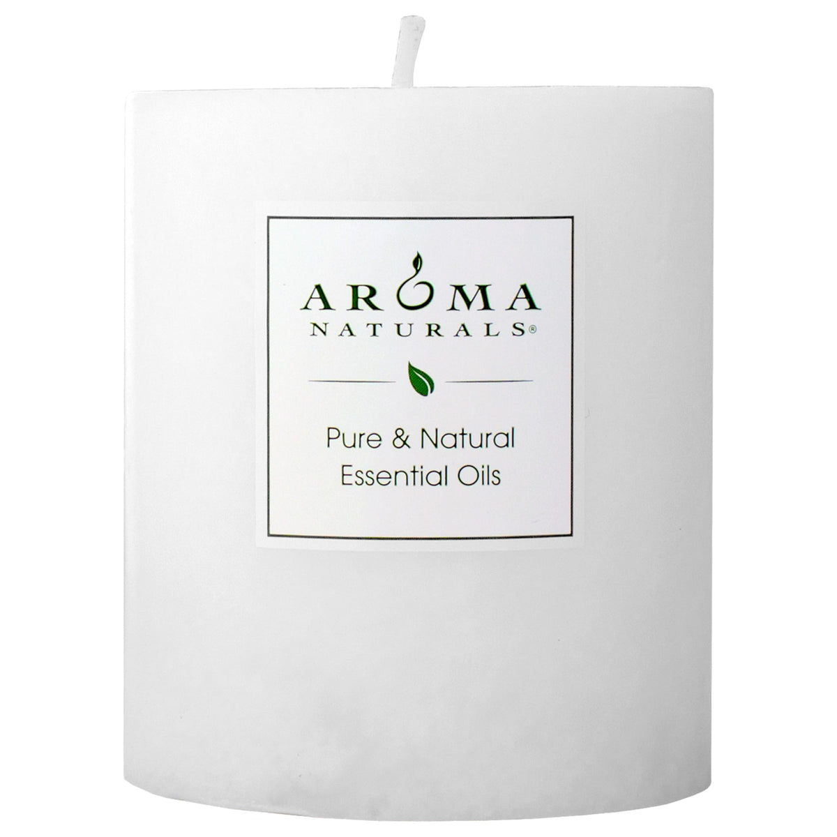 Aroma Naturals vela pilar frontal blanca mostrando diseño y tamaño