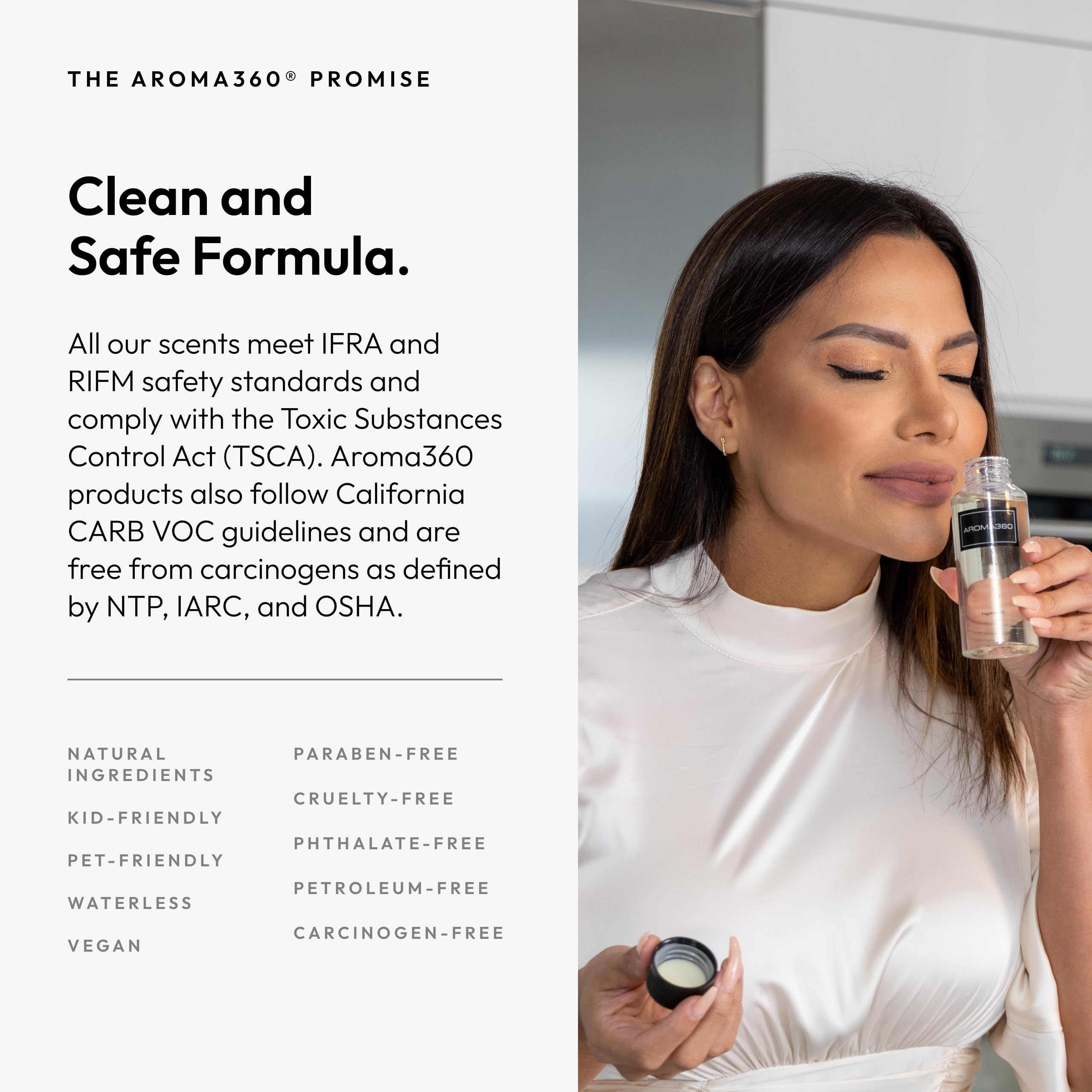 Aroma360 botella al lado de una mano para escala y practicidad
