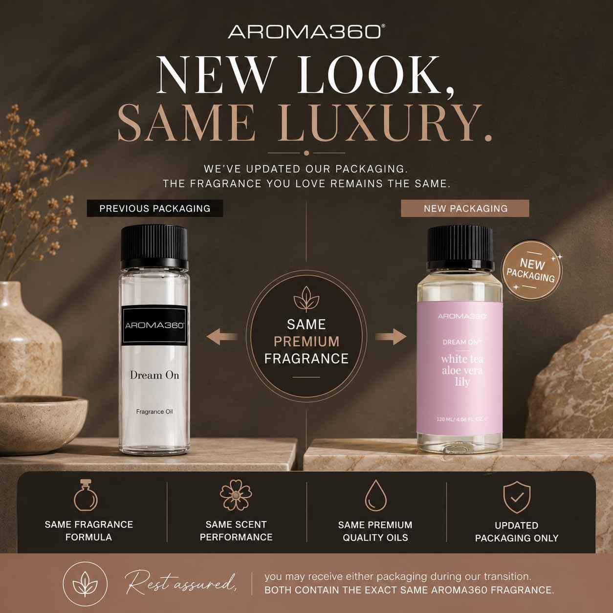 Aroma360 etiqueta Dream On primer plano con lectura de ingredientes y ventaja claridad
