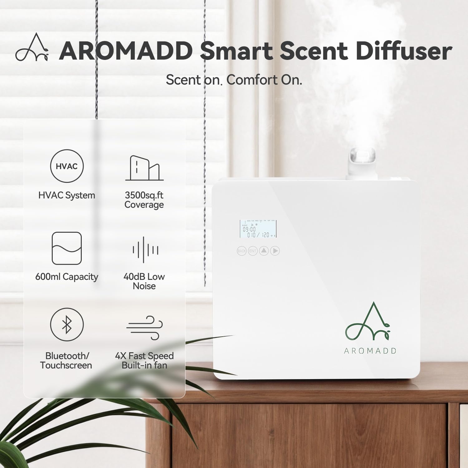 Aromadd primer plano de controles para ajustar intensidad y modos