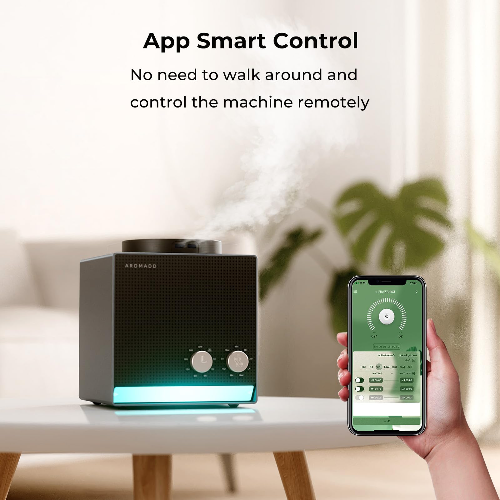 Aromadd difusor en uso en salón creando ambiente sin humedad ni vapor