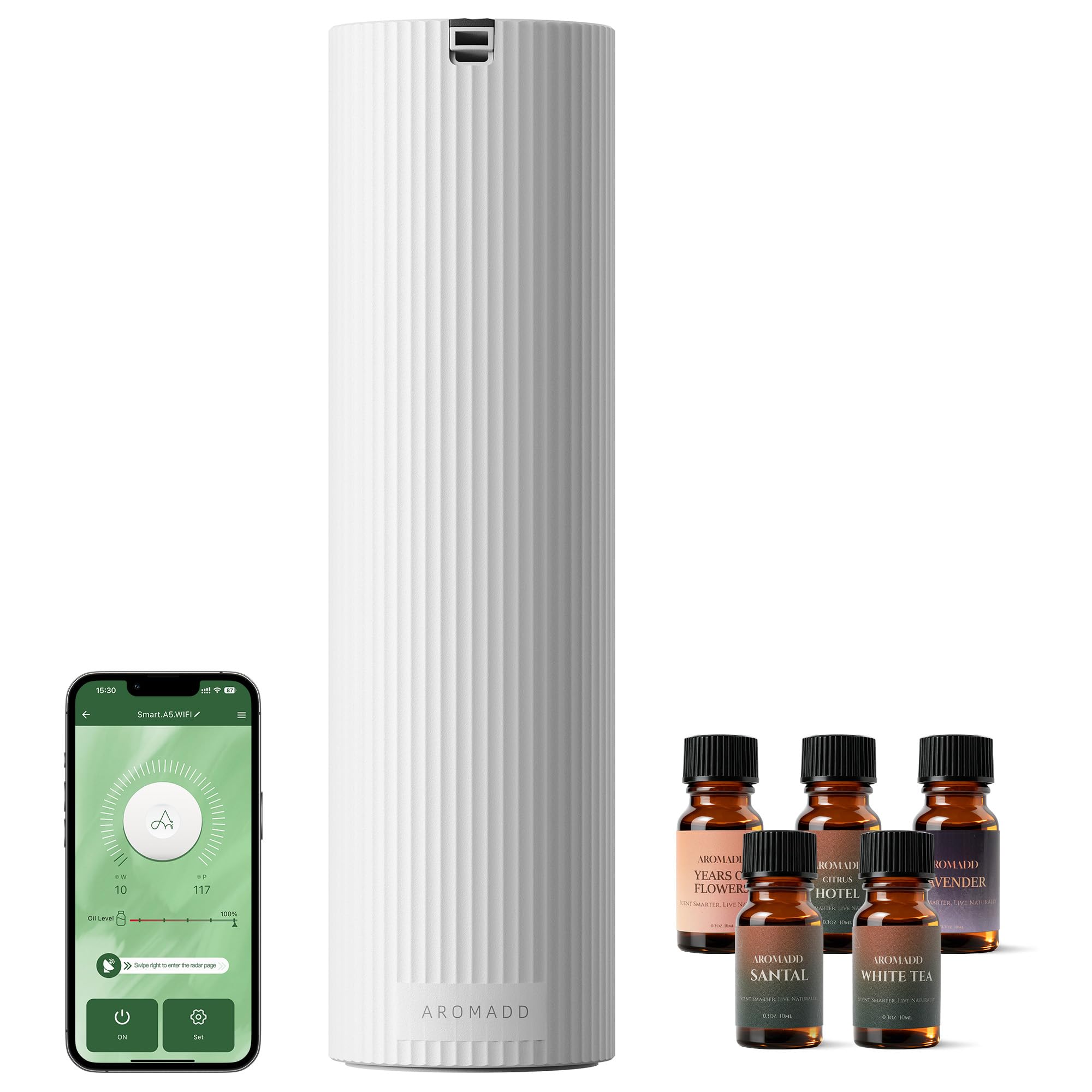 Aromadd difusor frontal blanco mostrando diseño elegante y presencia discreta