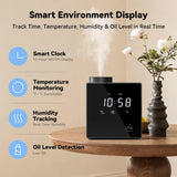 Aromadd pantalla mostrando reloj, temperatura y humedad para control ambiental