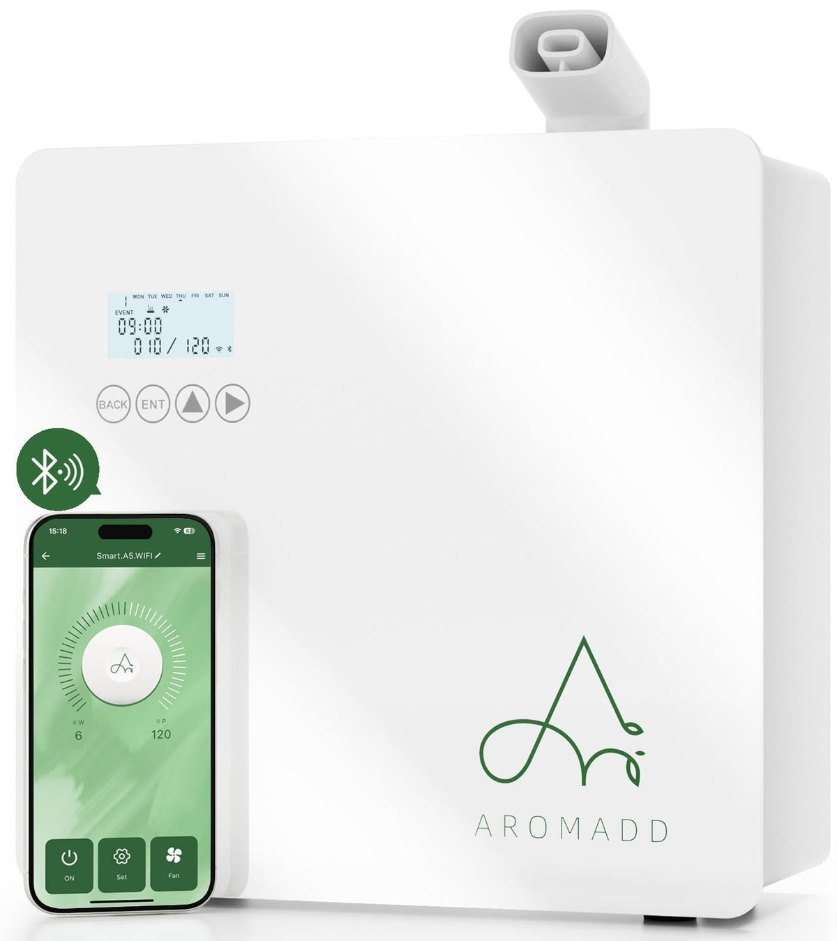 Aromadd vista frontal del difusor mostrando diseño elegante y discreto