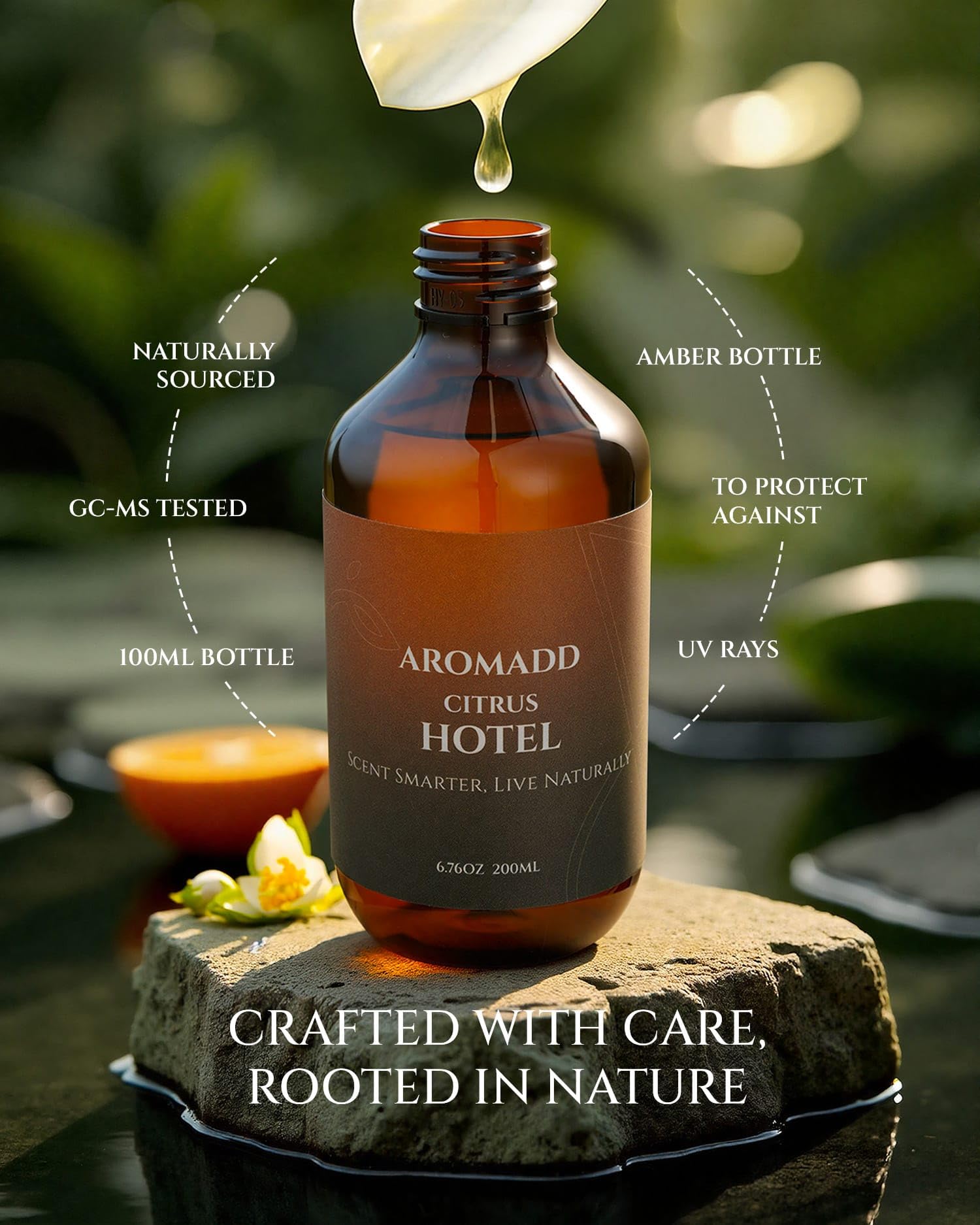 Aromadd gotas de aceite en superficie ilustrando concentración y pureza