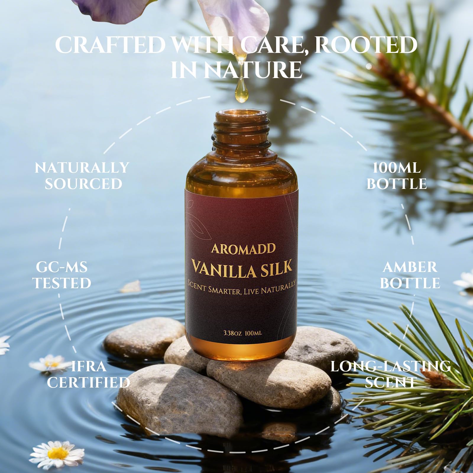 Aromadd gota del aceite Vanilla Silk en superficie ilustrando textura concentrada