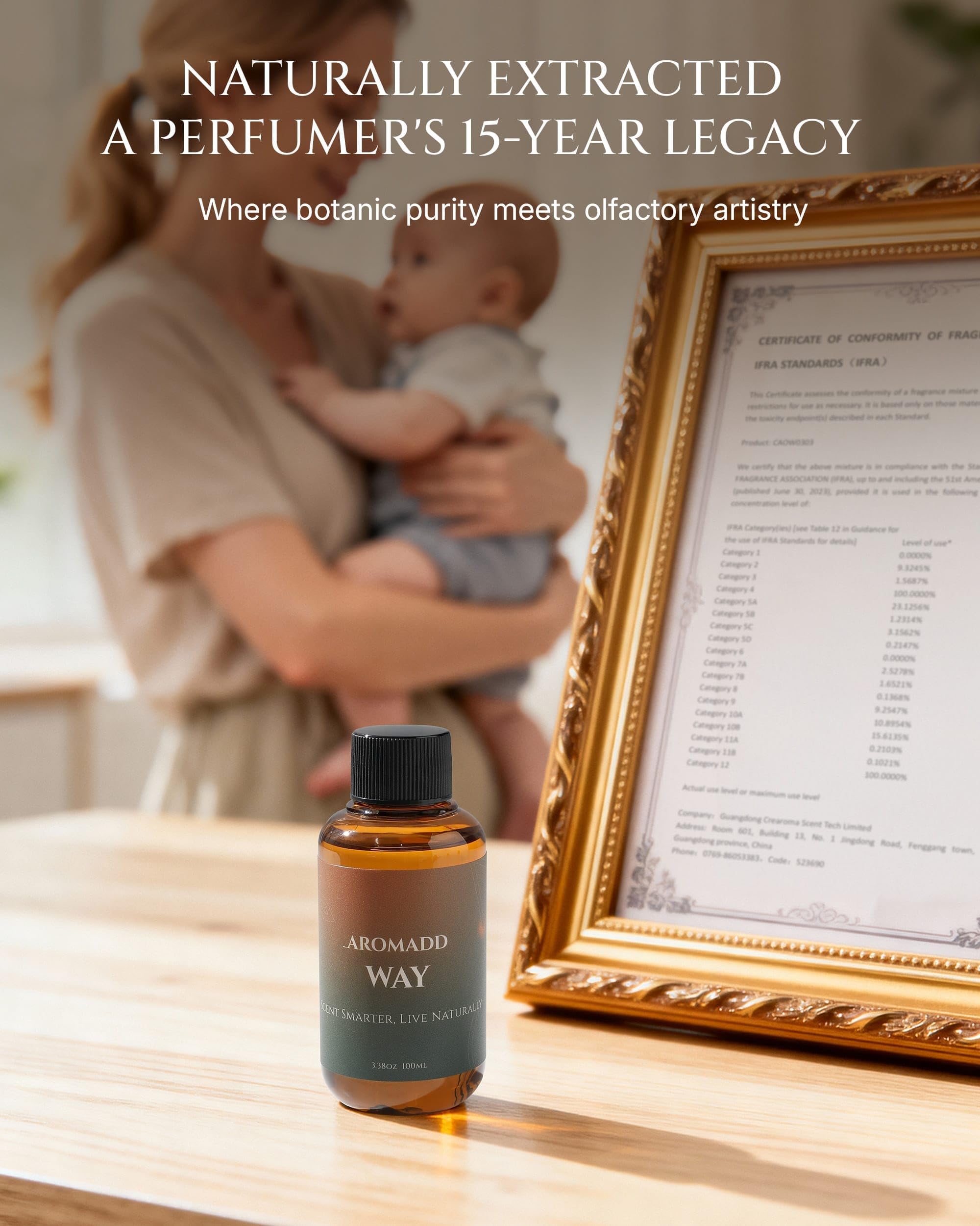 Aromadd etiqueta en primer plano indicando fragancia inspirada en hoteles