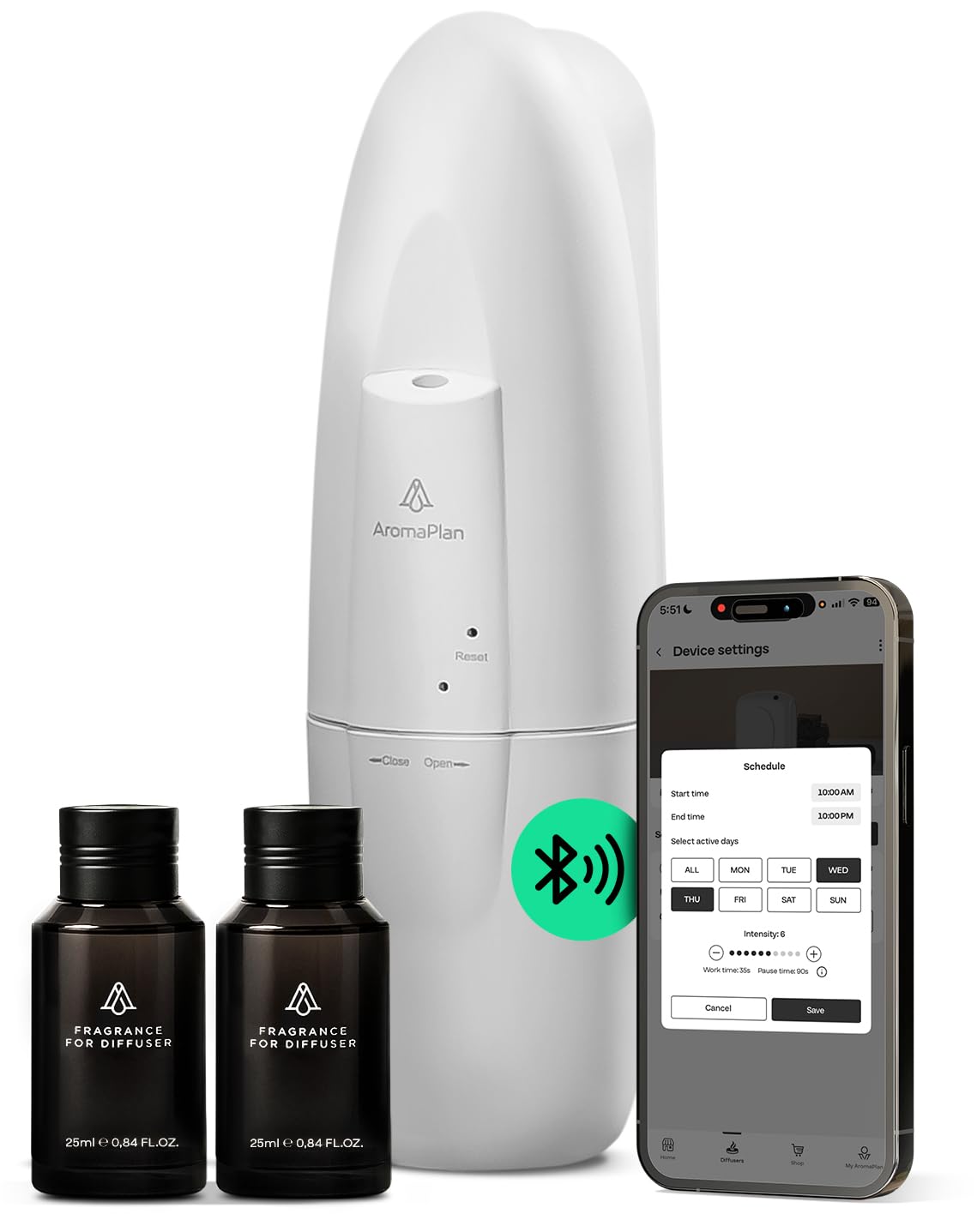 AromaPlan difusor enchufable frontal mostrando diseño elegante y fácil instalación