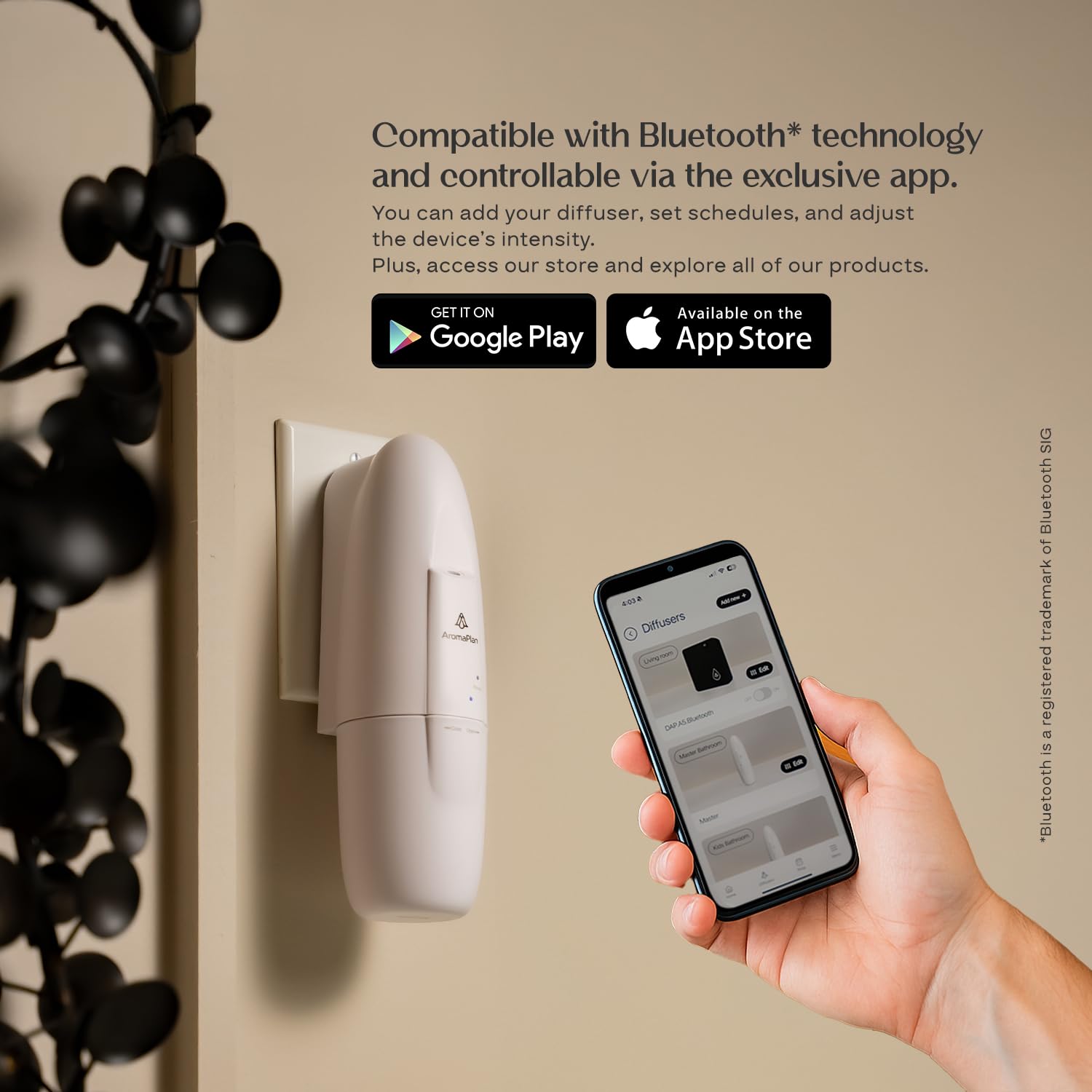 AromaPlan difusor junto a objetos para comparar tamaño y compactibilidad