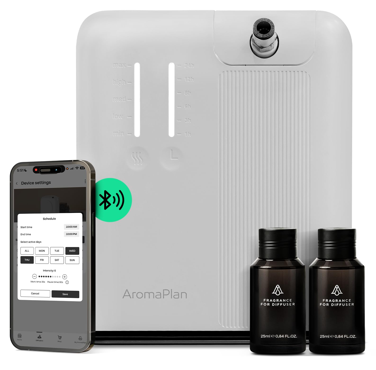 AROMAPLAN difusor frontal elegante mostrando diseño moderno y beneficios estéticos