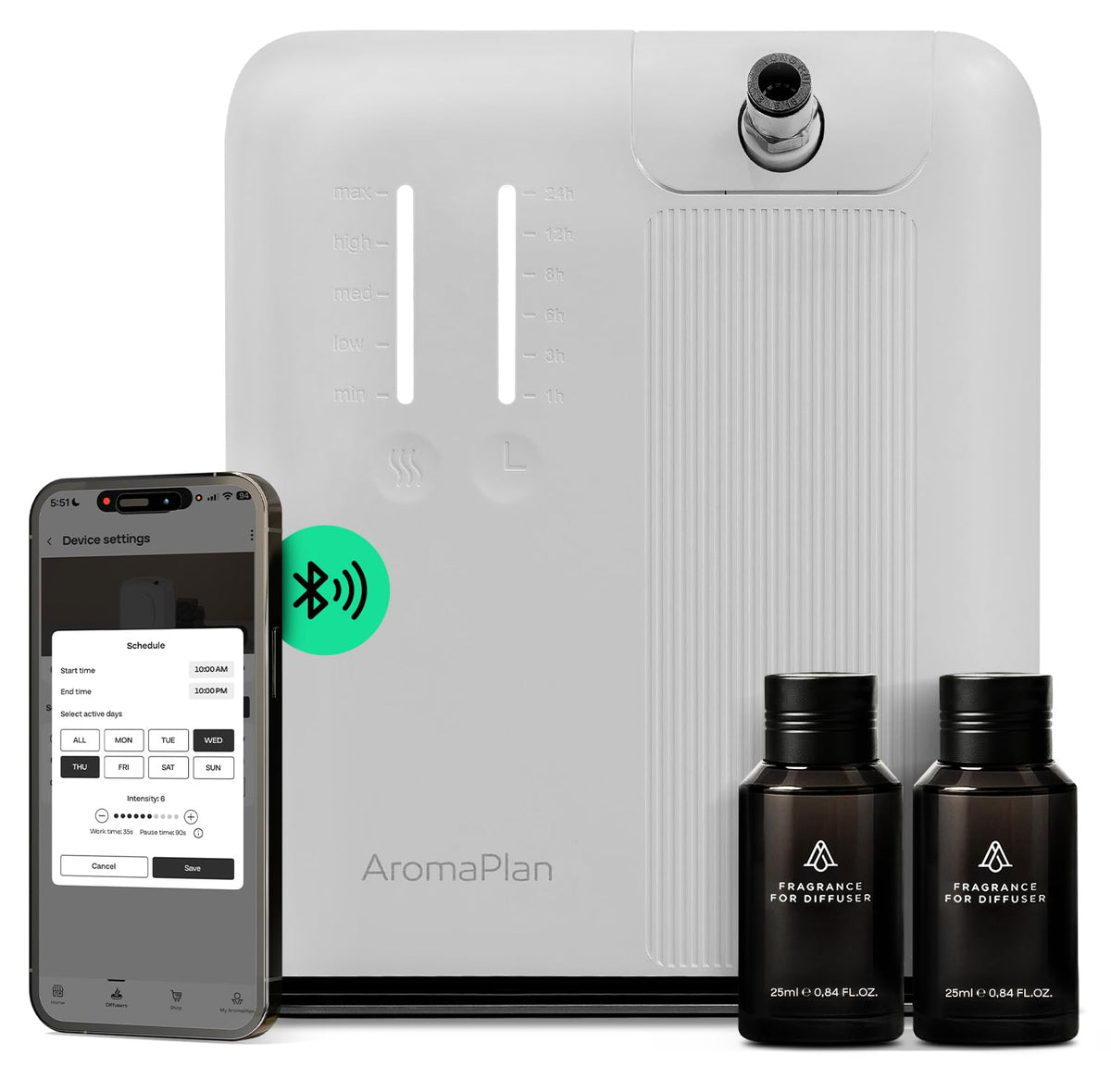 AROMAPLAN difusor frontal elegante mostrando diseño moderno y beneficios estéticos