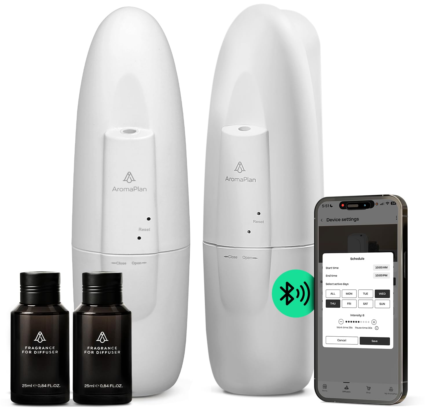 AROMAPLAN vista frontal del pack con dos difusores y fragancias, presentación profesional