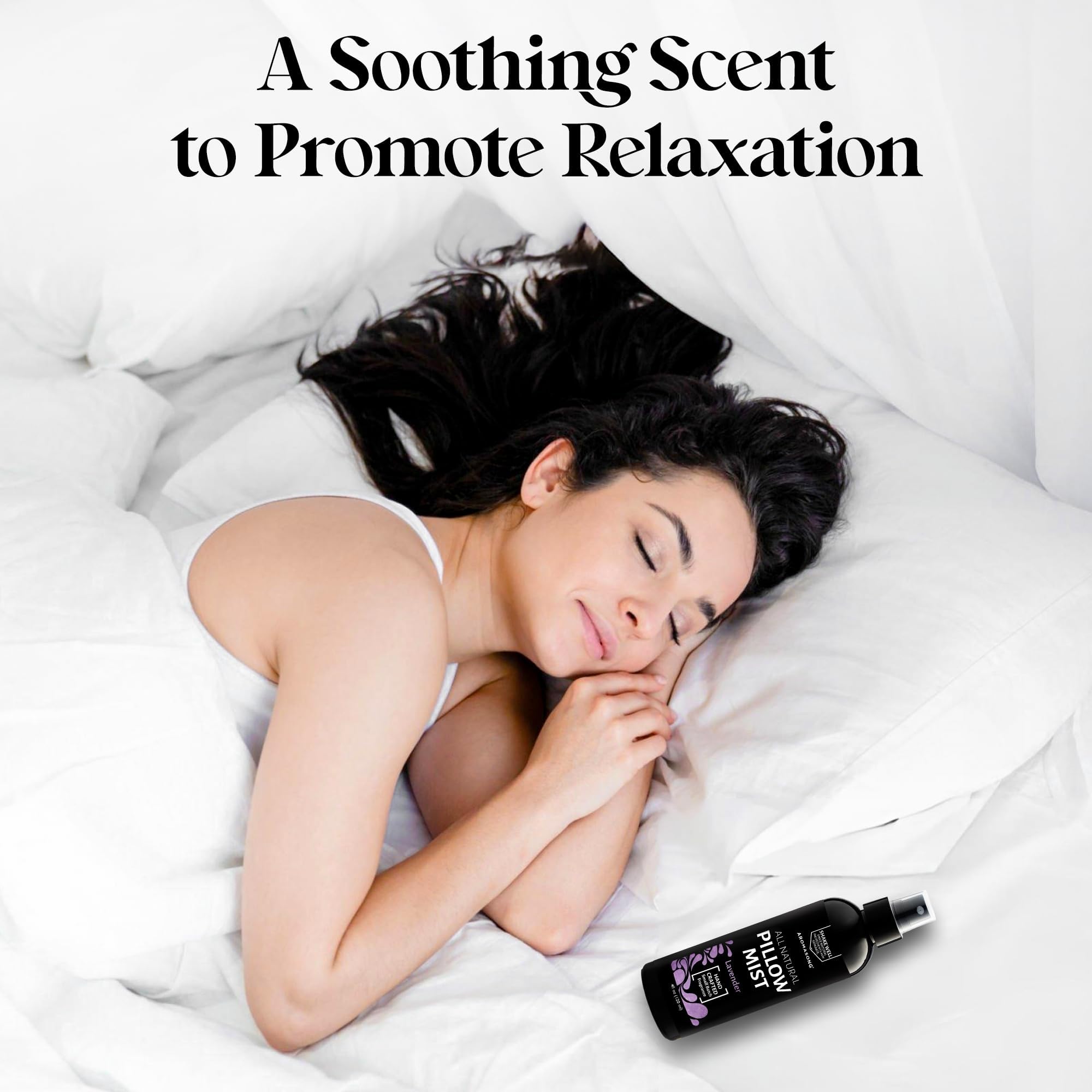 Aromasong spray aplicado en cama creando ambiente nocturno relajante