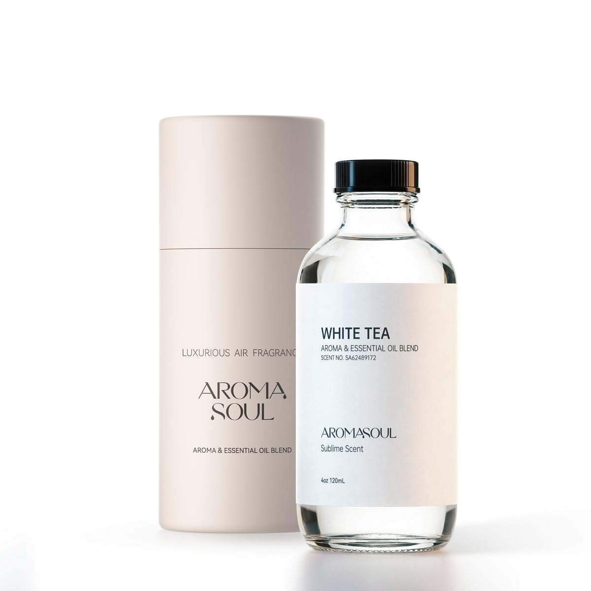 AROMASOUL botella frontal White Tea, presentación premium y beneficio aroma limpio