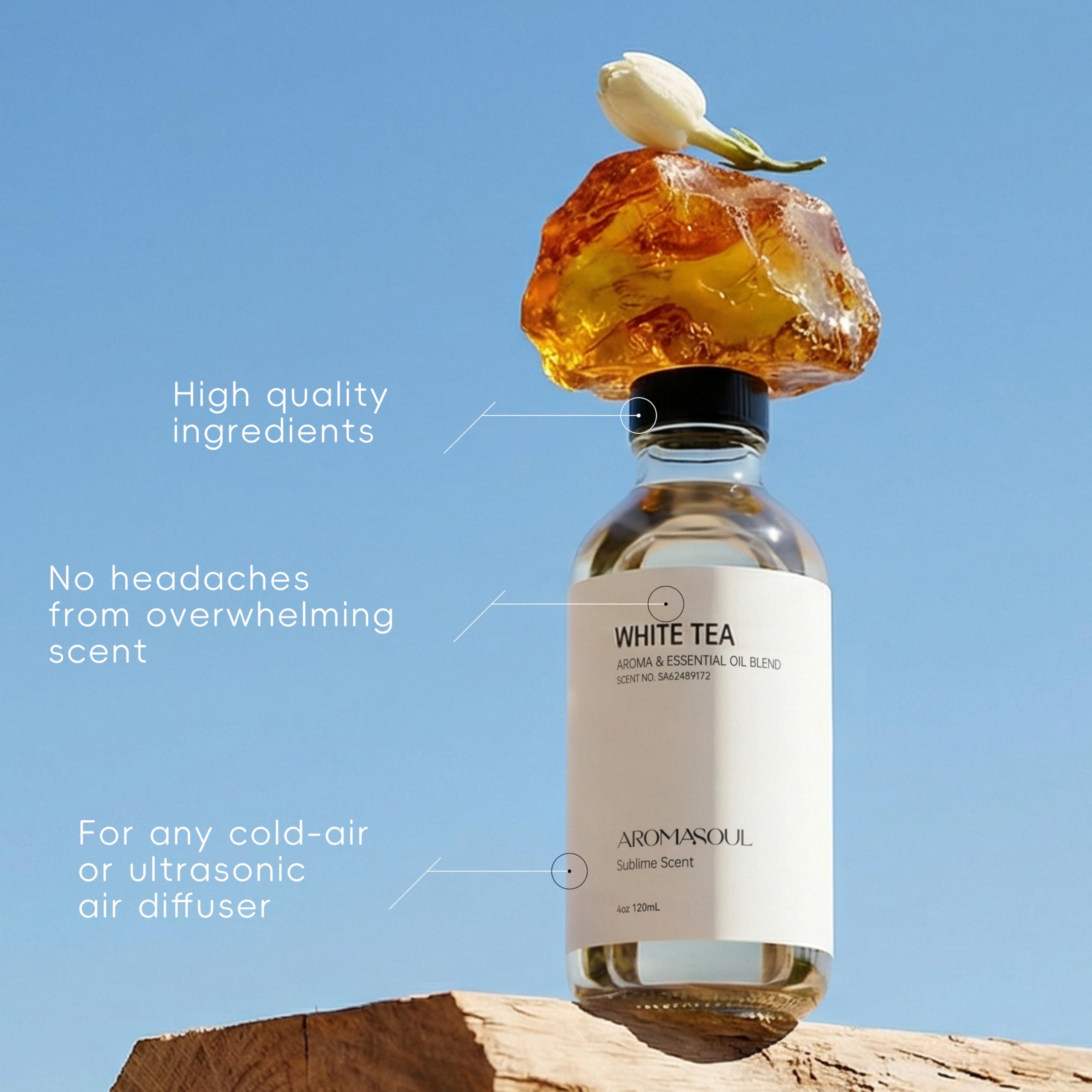 AROMASOUL aceite textura clara White Tea, beneficio concentración y pureza