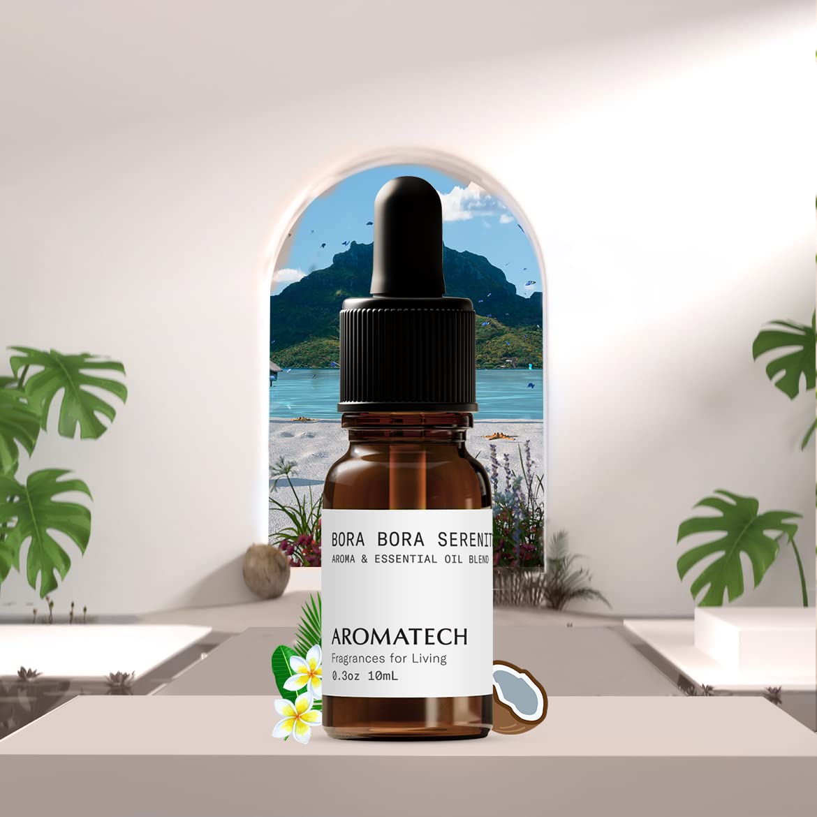AromaTech aceite en difusor ultrasónico creando ambiente tropical serenidad