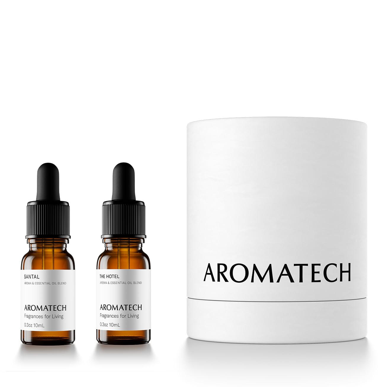 AromaTech estuche frontal mostrando las cinco fragancias, presenta variedad y elegancia