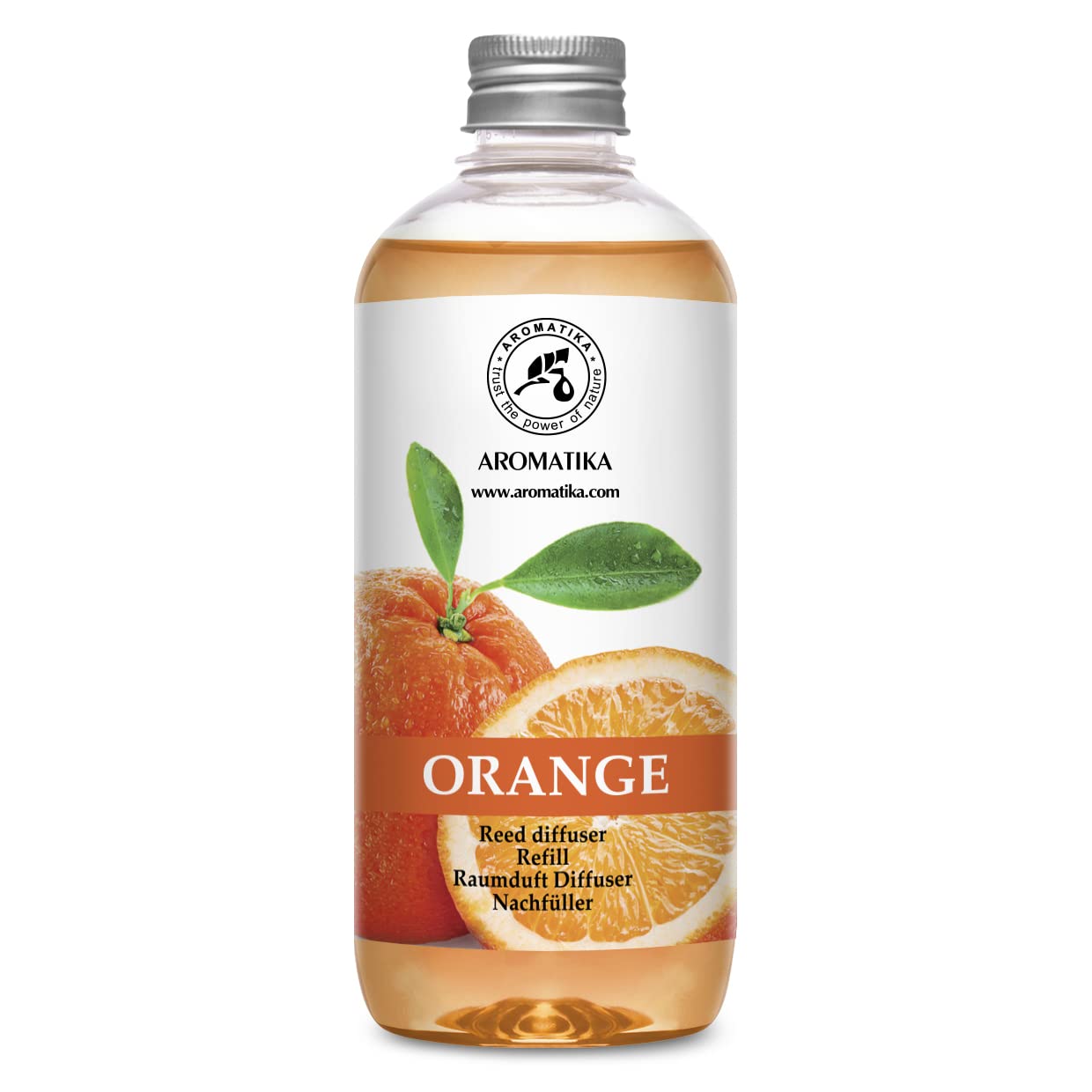AROMATIKA etiqueta legible con ingredientes y aceite esencial de naranja