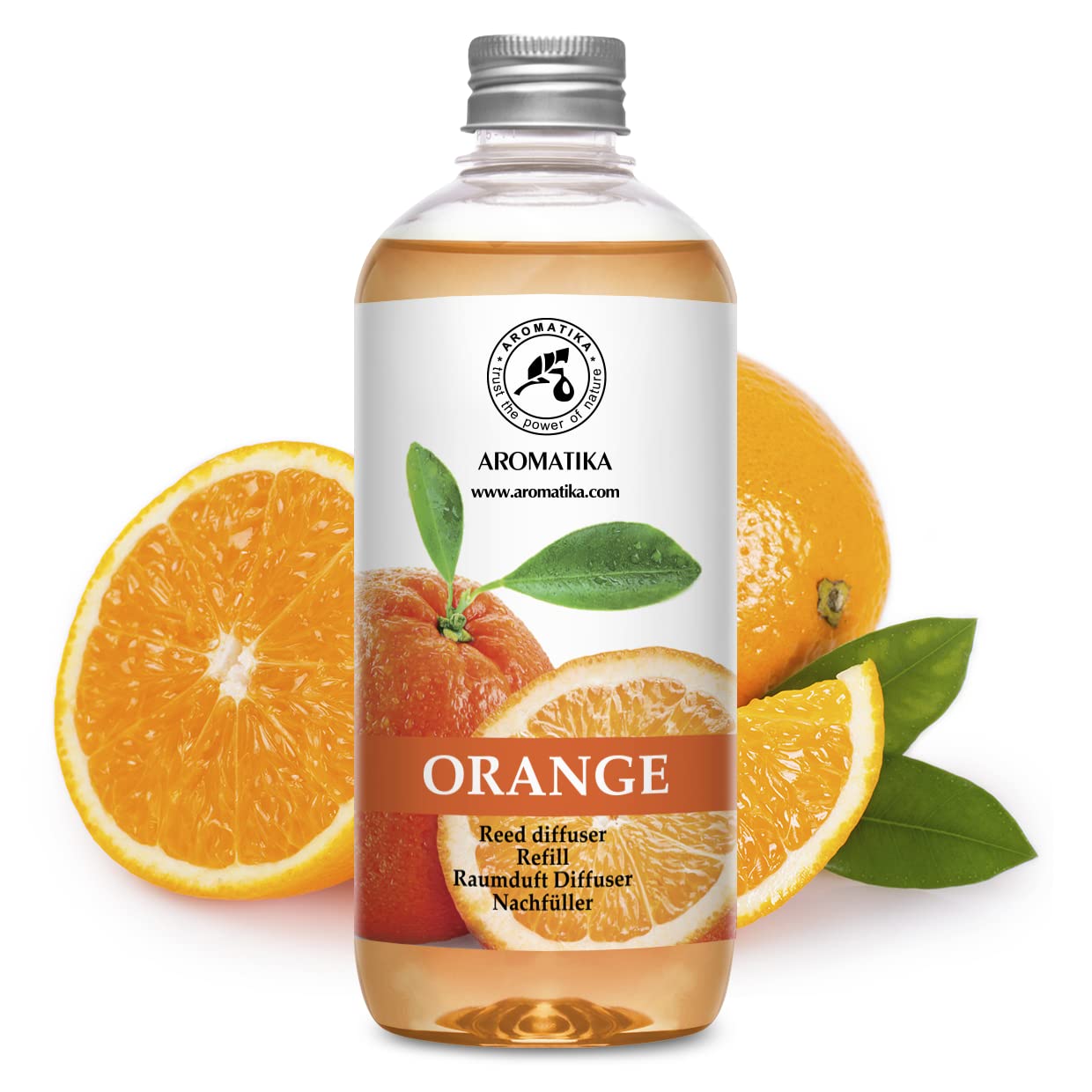 AROMATIKA botella frontal mostrando recarga naranja para aroma duradero