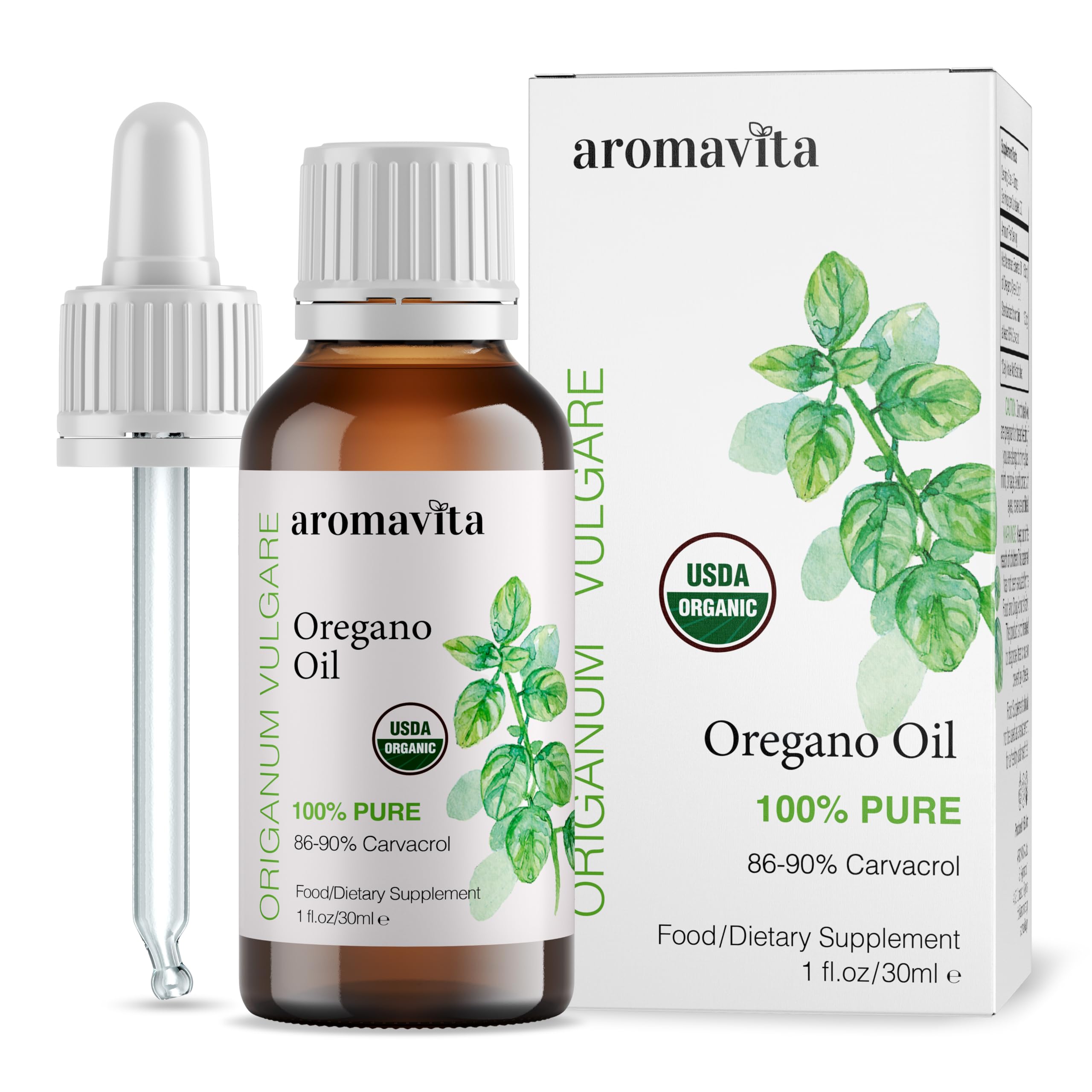 AROMAVITA frasco frontal de orégano griego, pureza visible