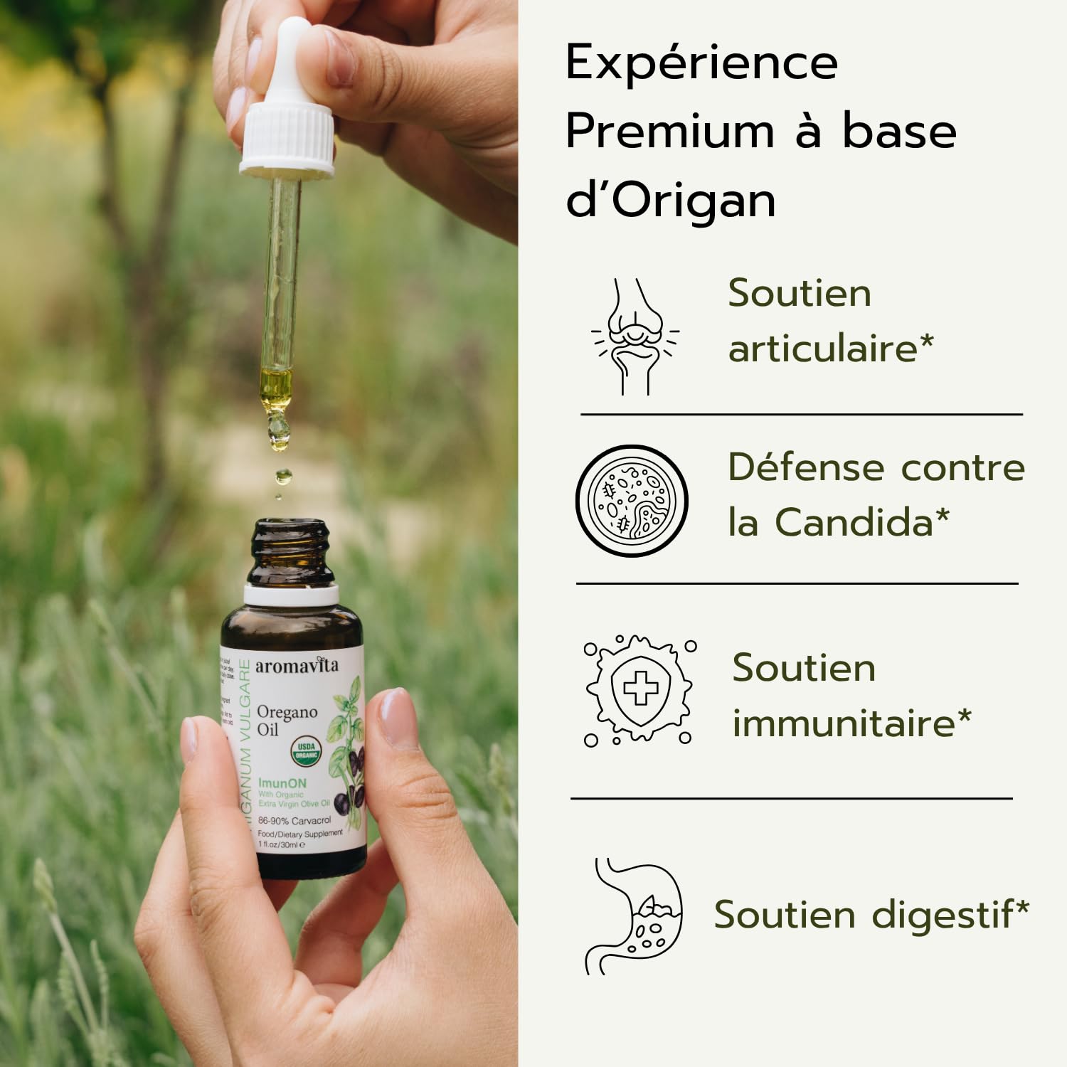 AROMAVITA cuentagotas en primer plano mostrando textura líquida y control de dosis