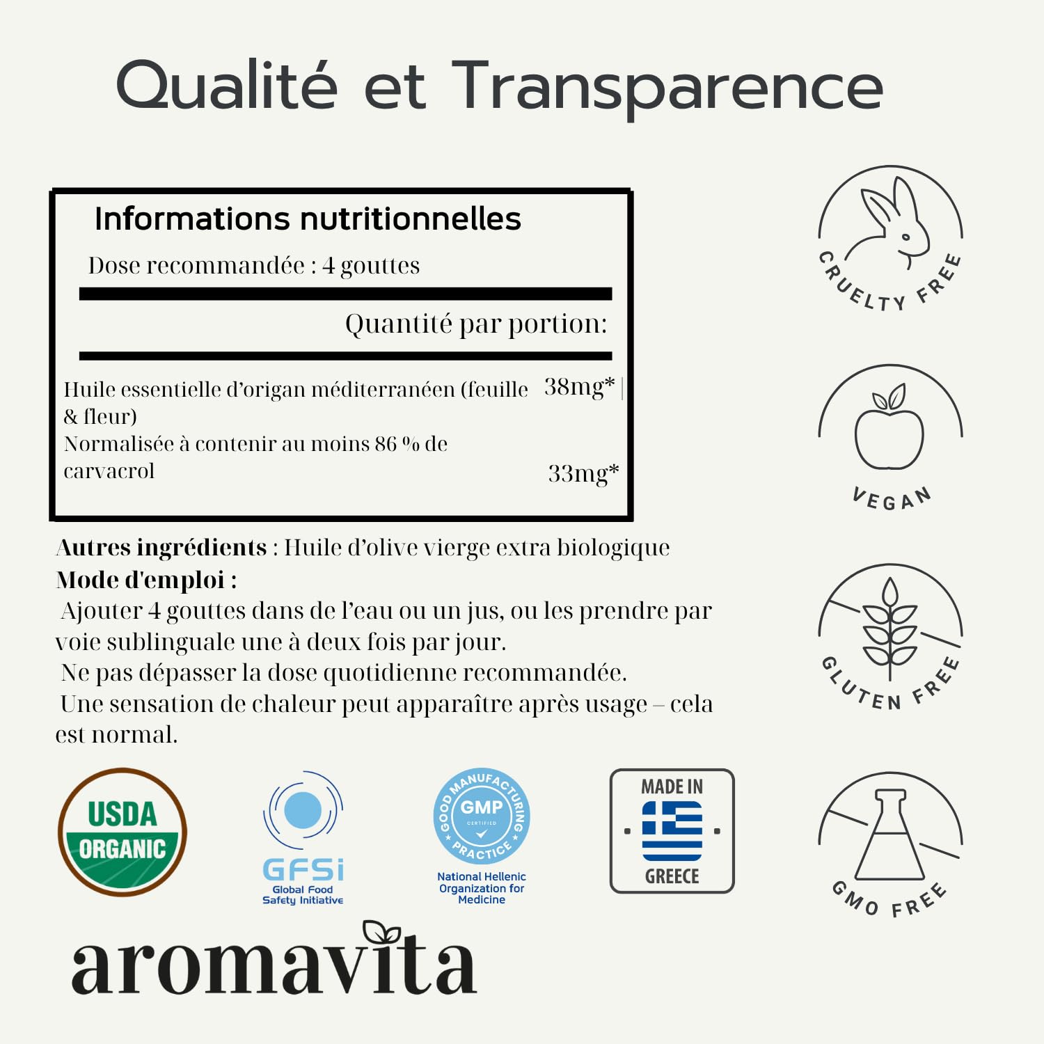 AROMAVITA etiqueta detalle con certificación USDA Organic y composición visible
