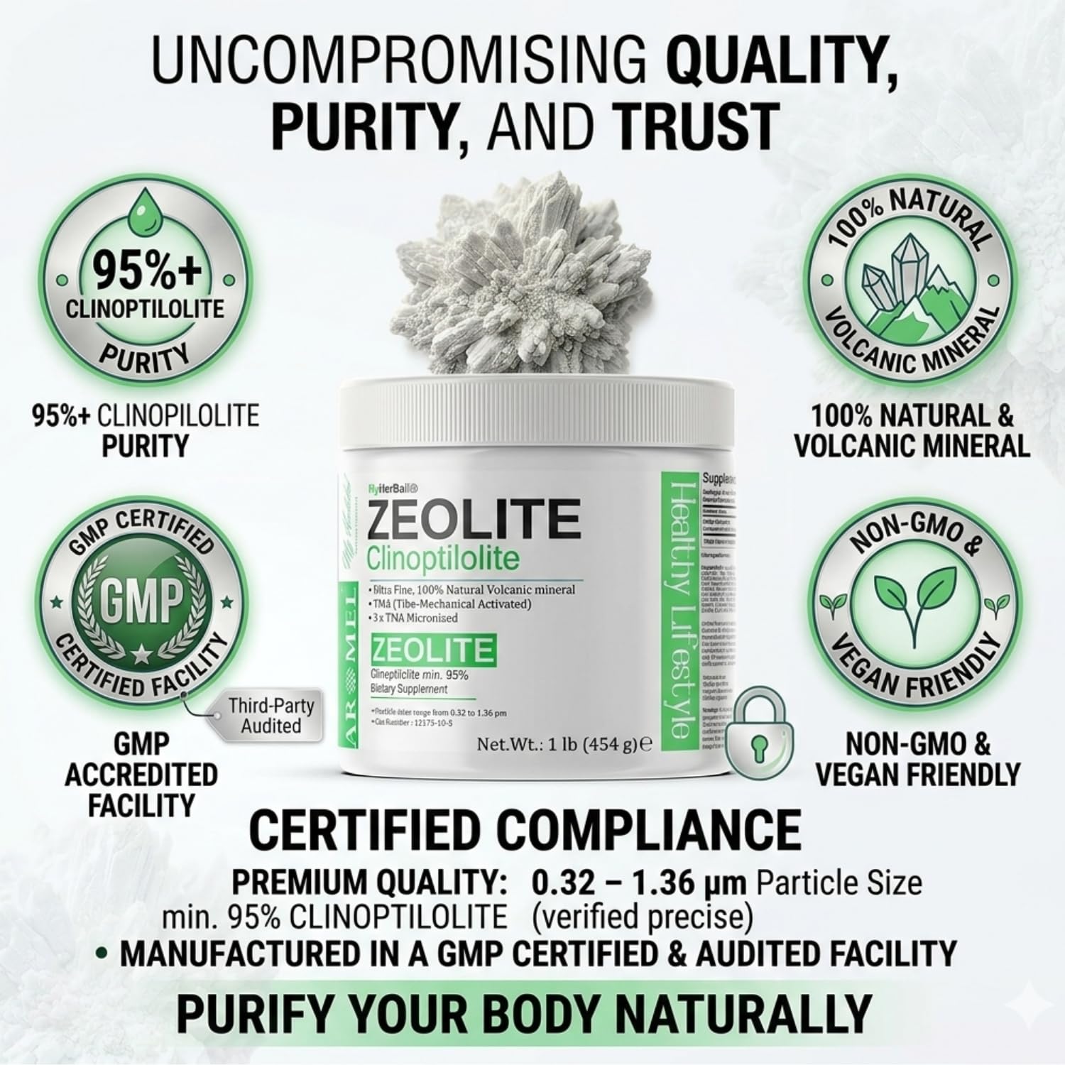 aromel etiqueta con clinoptilolita 95% información de pureza visible