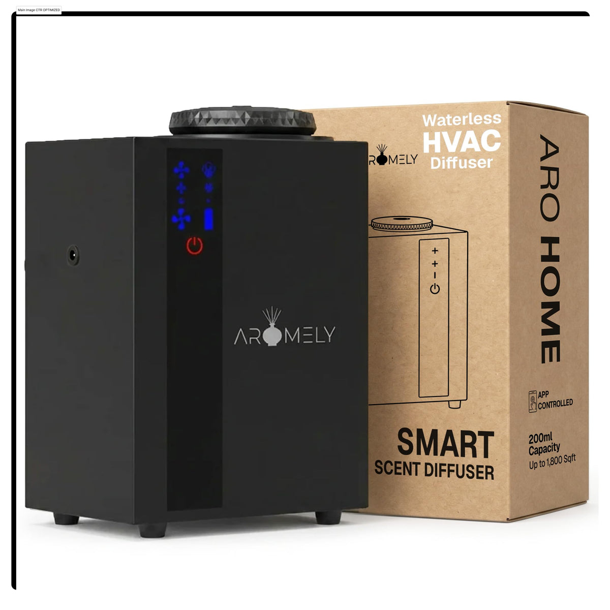 AROMELY difusor frontal mostrando diseño compacto y beneficio de cobertura amplia