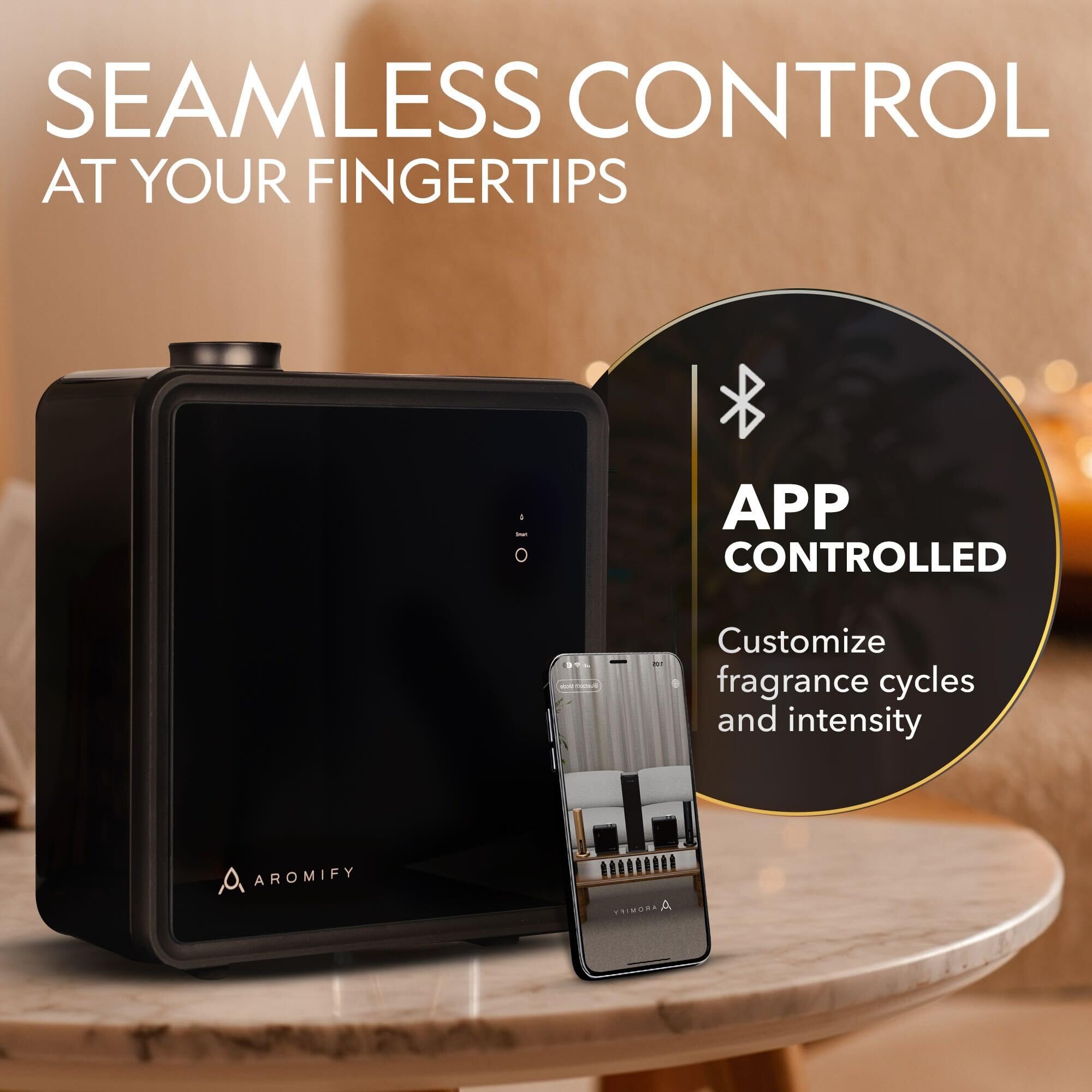Aromify app en smartphone controlando intensidad y horarios fácilmente