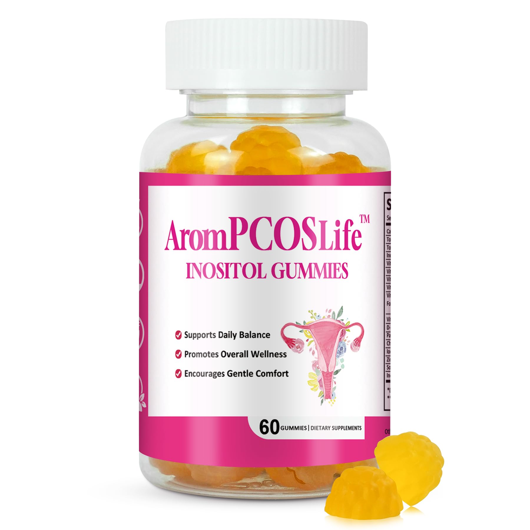 Aromlife frasco frontal de AromPCOSLife gomitas inositol muestra etiqueta clara y beneficio práctico