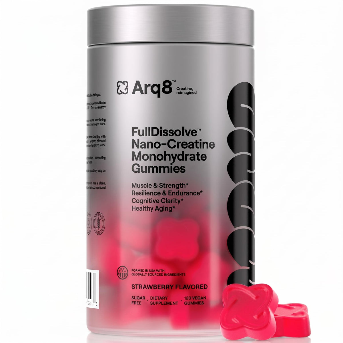 ARQ8 LONGEVITY envase frontal mostrando 120 gomitas y beneficio conveniencia