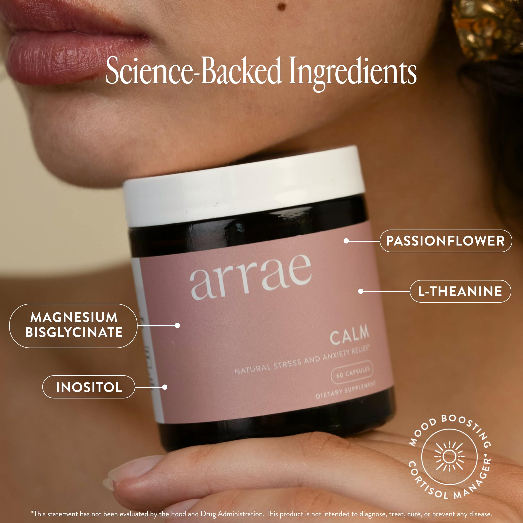 Arrae ingredientes naturales L-teanina, inositol, pasiflora y magnesio visibles
