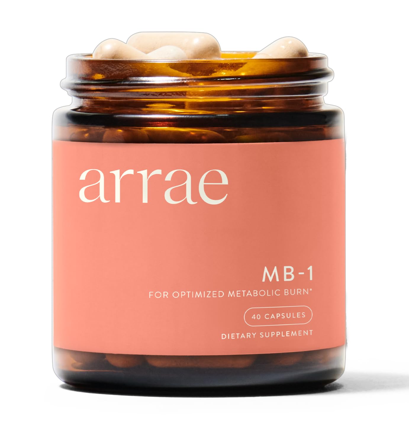 Arrae MB-1 frasco frontal mostrando diseño y 40 cápsulas para uso diario