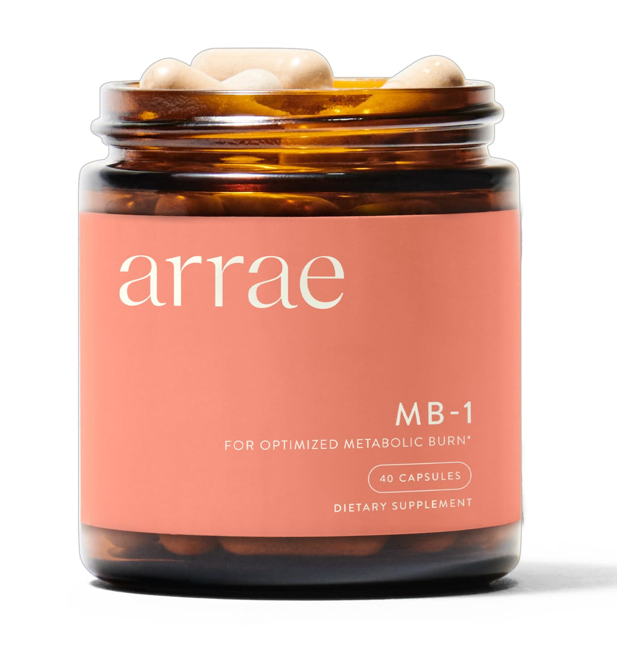 Arrae MB-1 frasco frontal mostrando diseño y 40 cápsulas para uso diario
