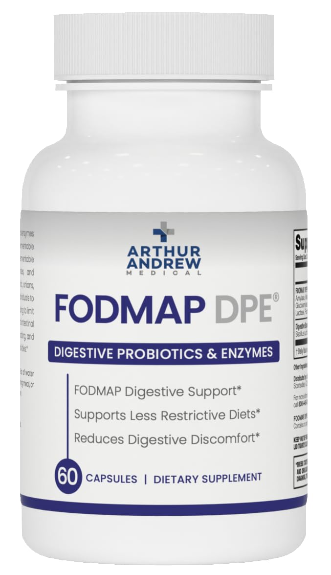 Arthur Andrew Medical envase frontal de FODMAP DPE mostrando 60 cápsulas y beneficios