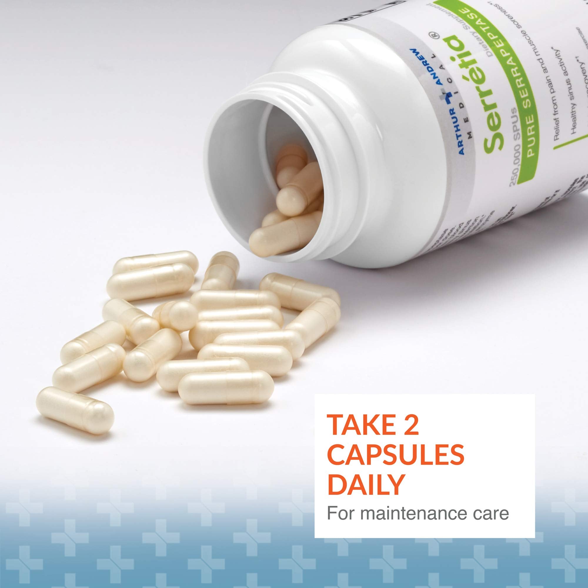 Arthur Andrew Medical etiqueta con ingredientes resaltando 250000 SPU de serrapeptasa
