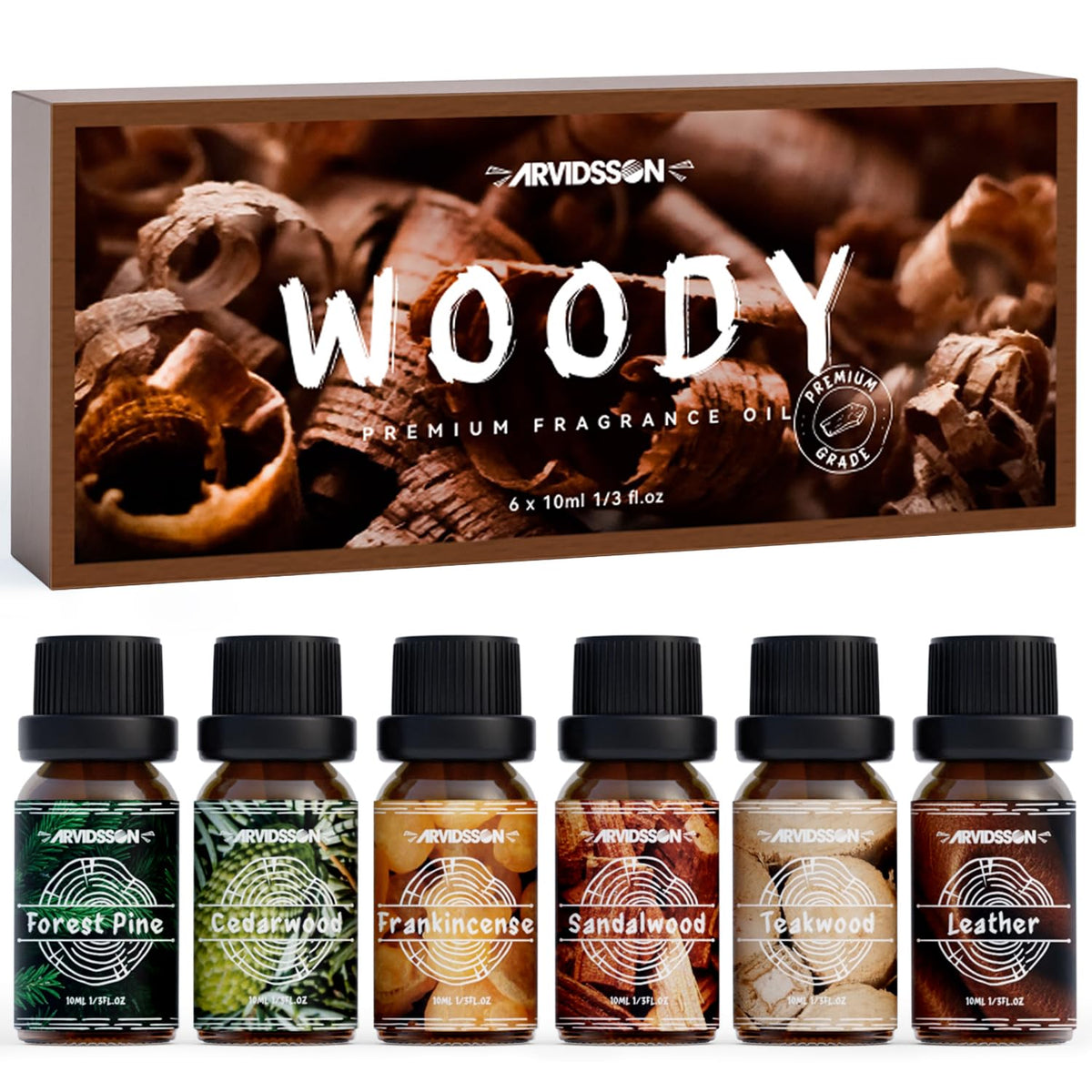 ARVIDSSON conjunto de frascos Woody mostrando variedad de aromas y protección contra la luz