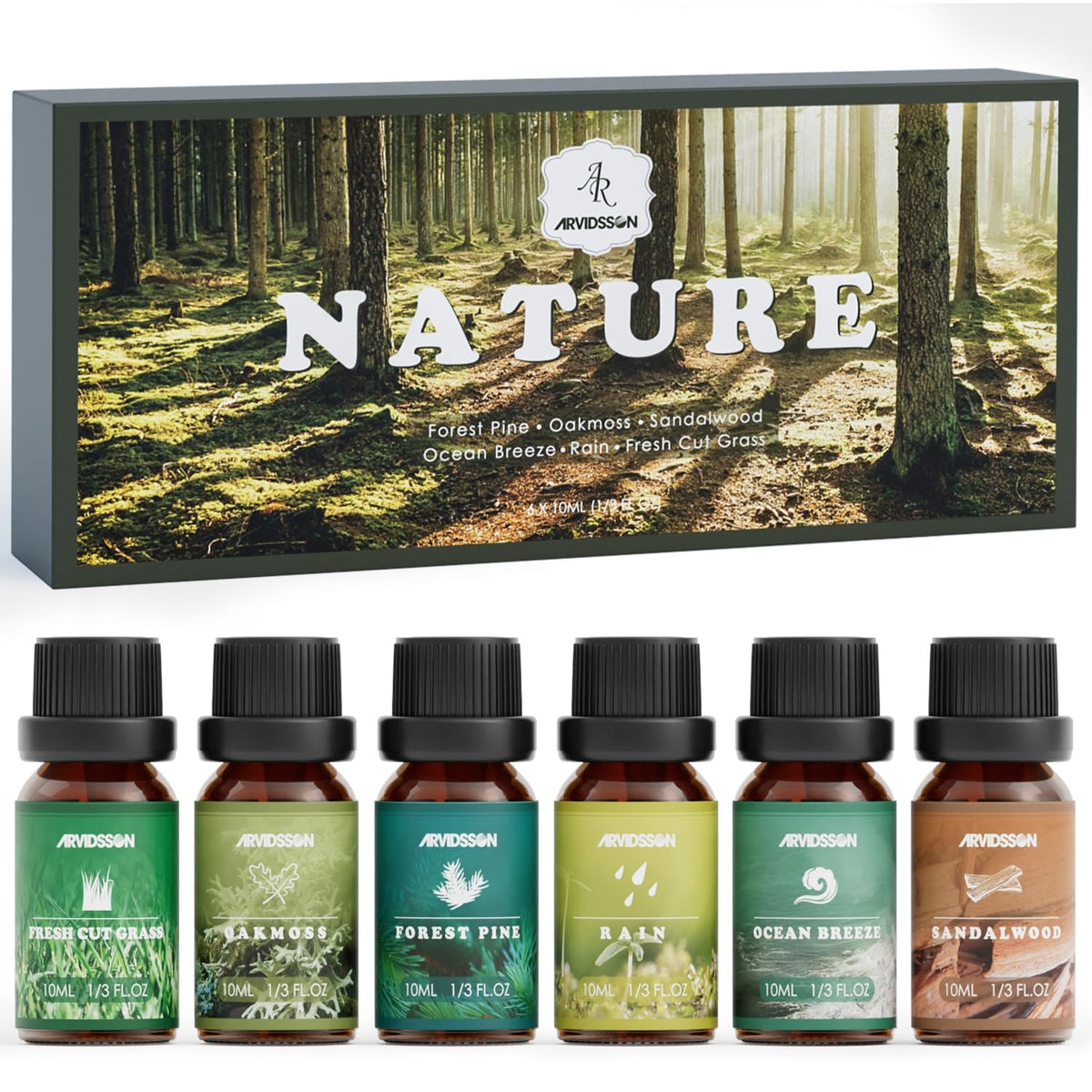 ARVIDSSON vista frontal del estuche con 6 aceites, ideal para regalo