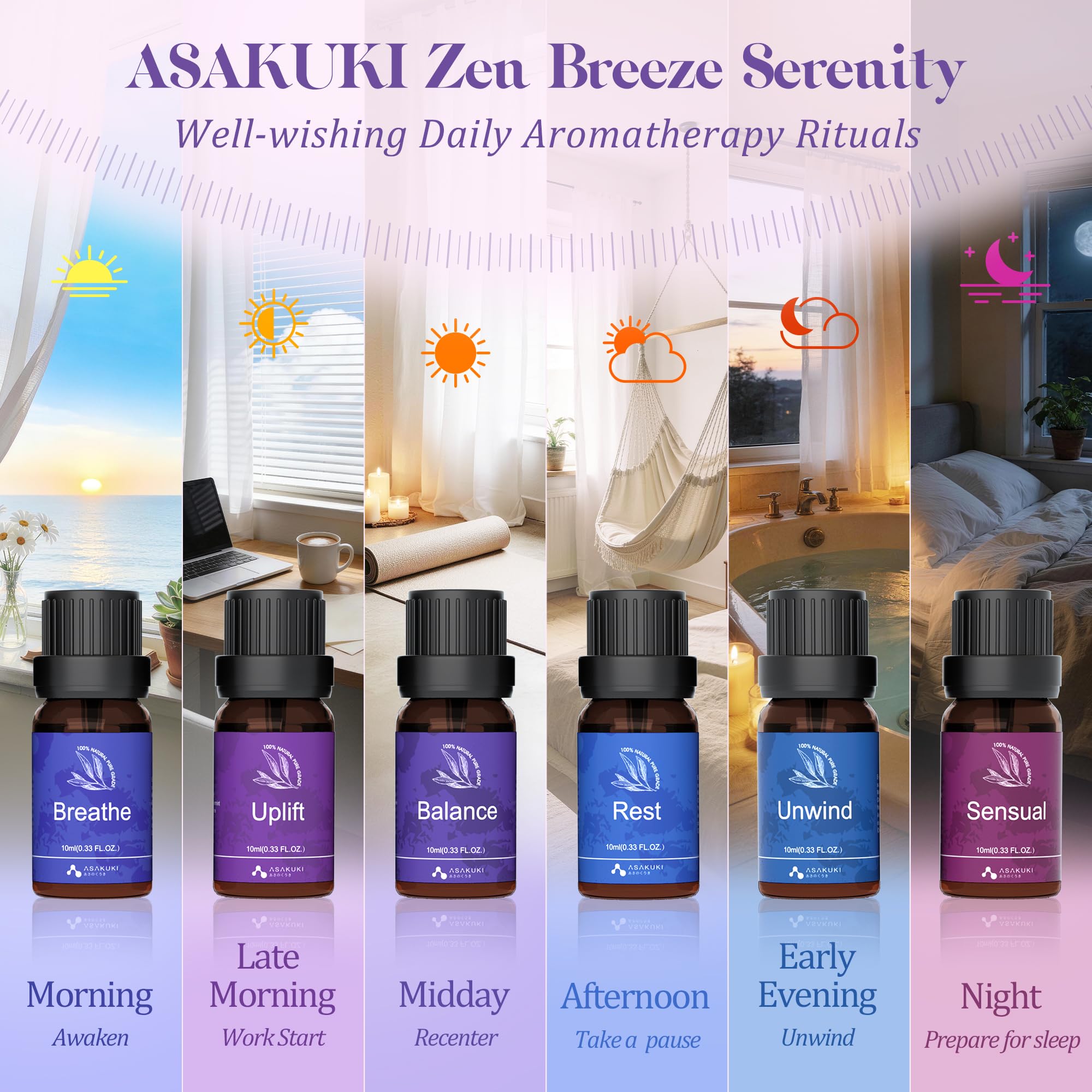 ASAKUKI etiquetas de colores de cada aroma, facilita selección por estado de ánimo
