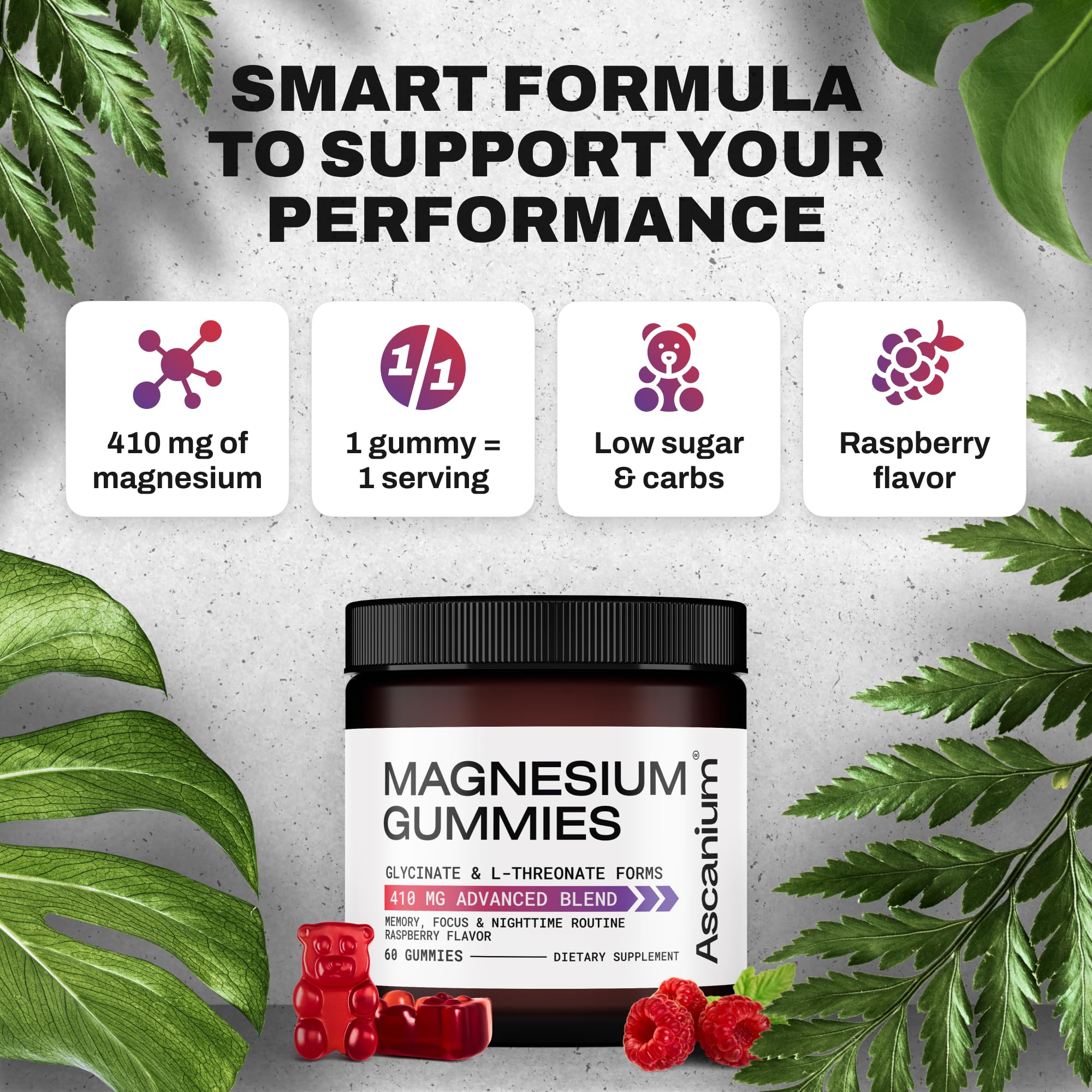 Ascanium etiqueta nutricional con formas de magnesio y transparencia de ingredientes