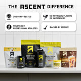 Batido de Ascent servido en mesa con ingredientes para recetas altas en proteína