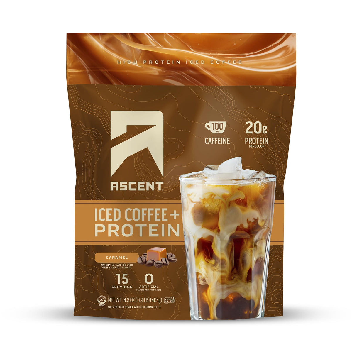 Ascent envase frontal mostrando la etiqueta y el sabor caramelo, ideal para energía y proteína