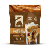 Ascent envase frontal mostrando la etiqueta y el sabor caramelo, ideal para energía y proteína